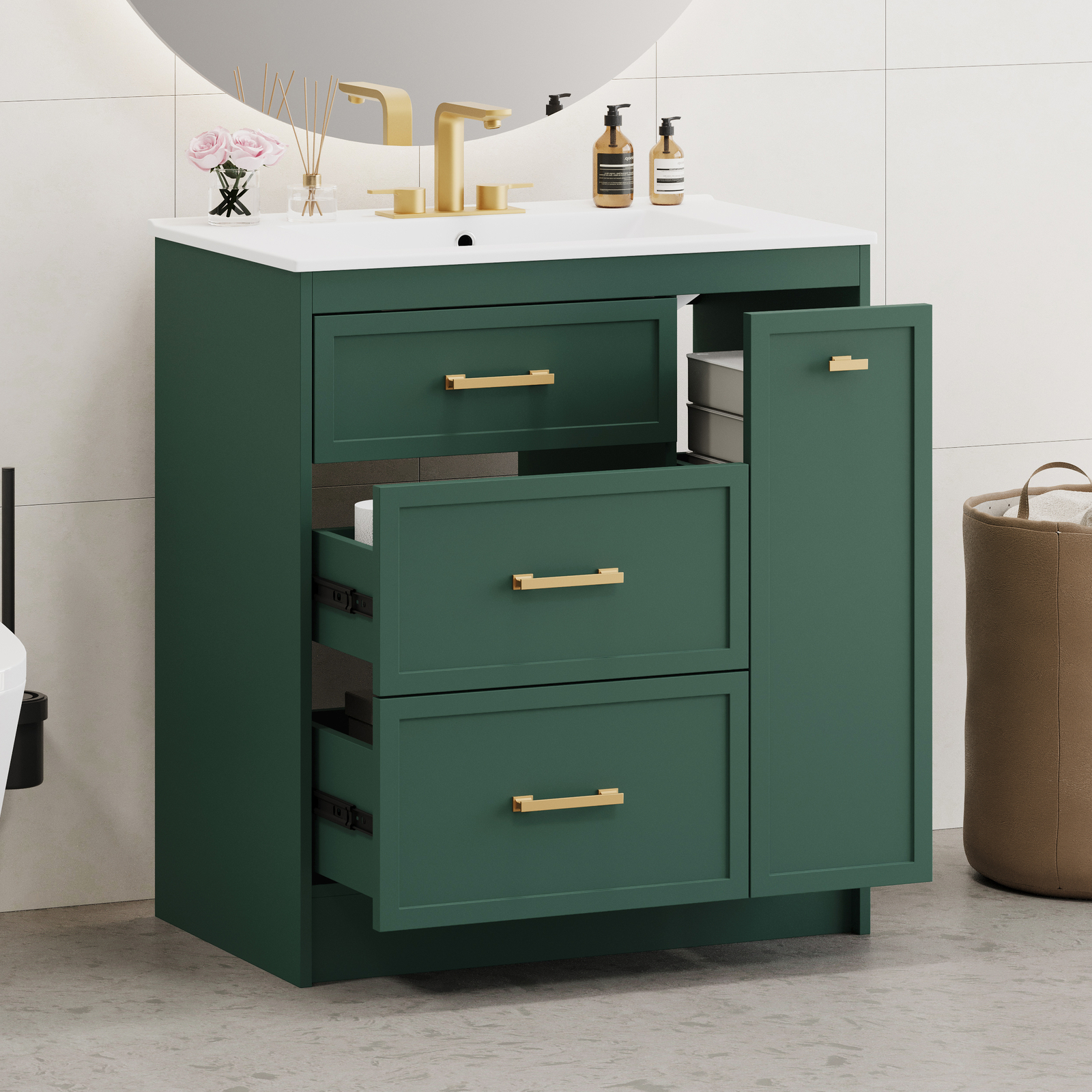 30″ Bathroom Vanity Set Floor Standing Bathroom Storage Cabinet w/Three Drawers