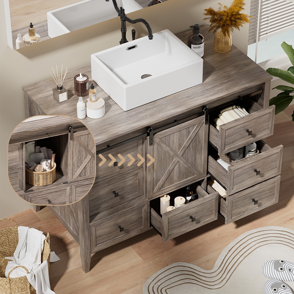 48-inch Bathroom Vanity with Sink Ceramic Freestanding Wood Grain Texture Grey