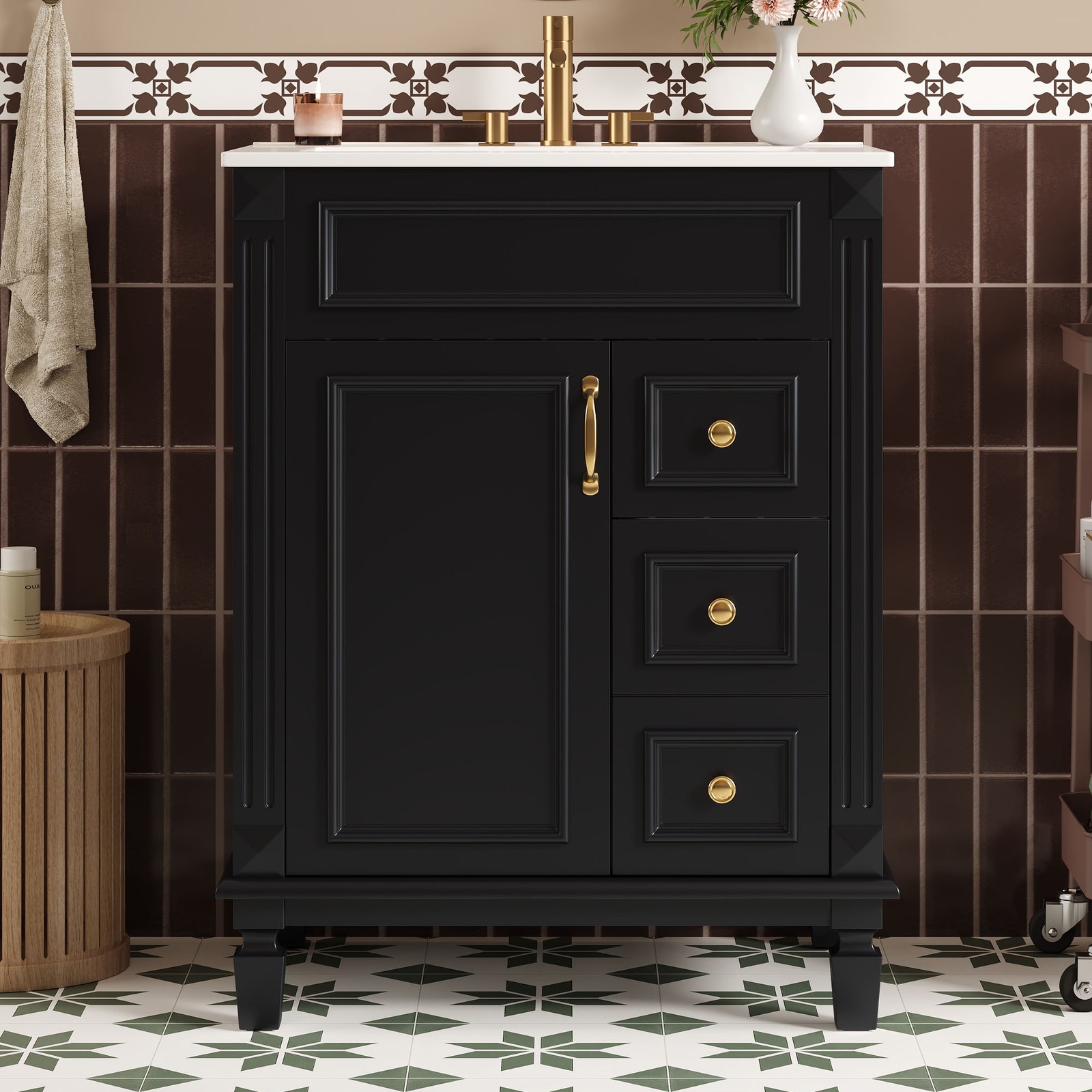 24″ Bathroom Vanity w/Ceramic Sink, Small Bathroom Sink Cabinet with 2 Drawers