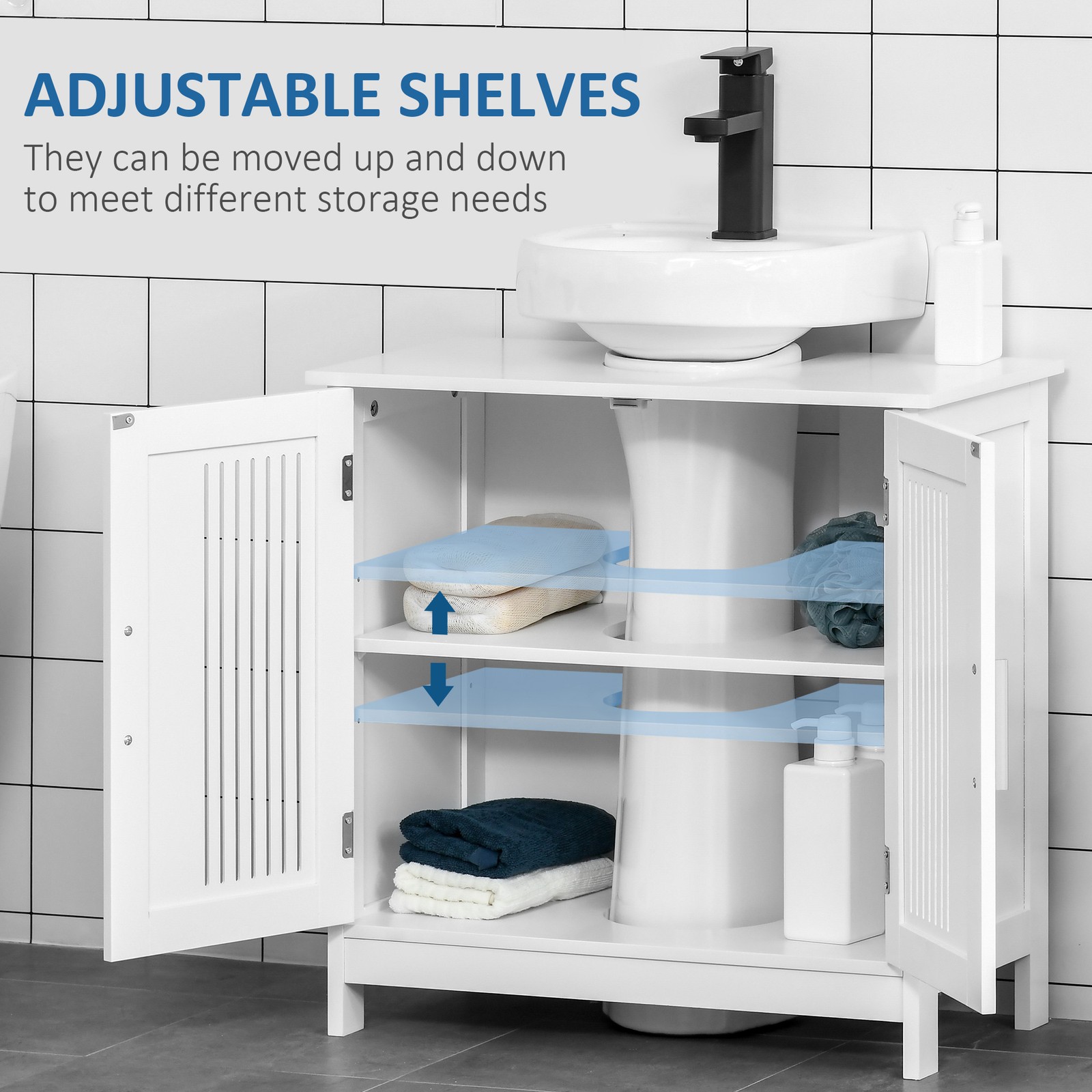 Modern sink cabinet under the sink, 2 doors, adjustable rack, white, MDF + metal