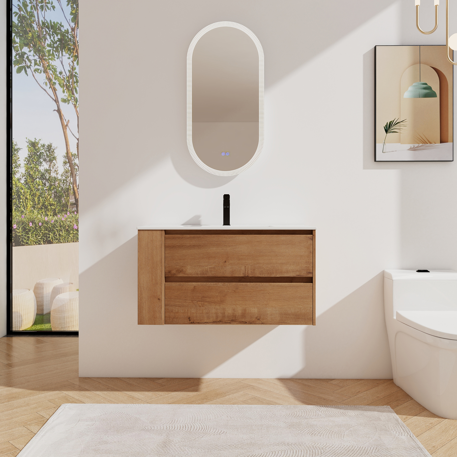 36inch Wooden Floating Wall Mounted Bathroom Vanity W/ Side Shelf Ceramic Sink