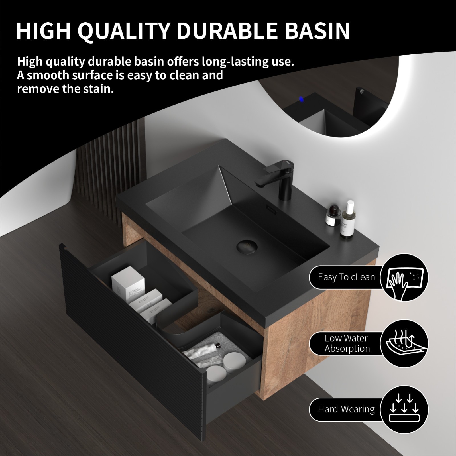 30” Bathroom vanity set floating vanity oak and black quartz sands basin top
