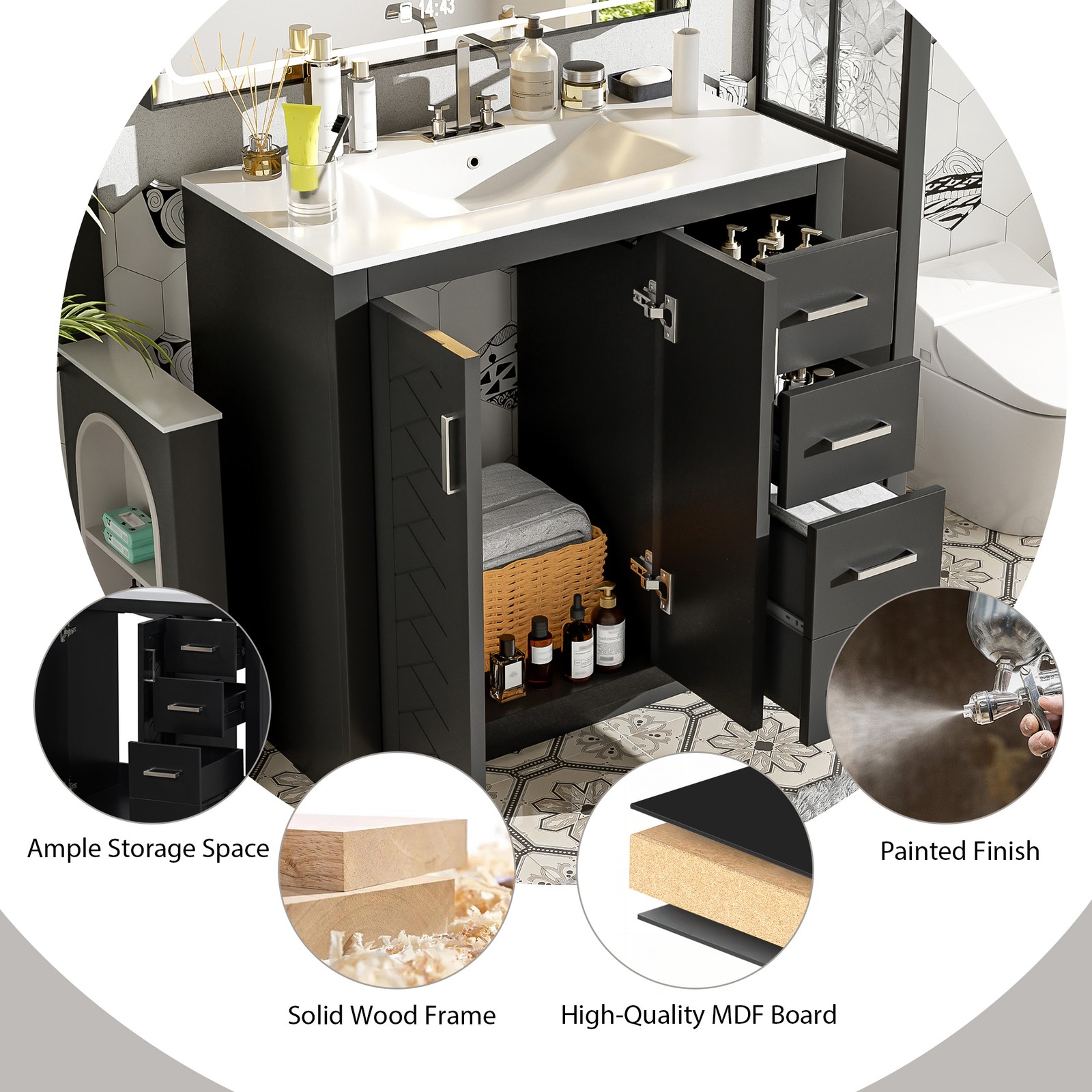 36″ Bathroom Vanity with Ceramic Sink, Solid Wood Frame, 3 Drawers, Black