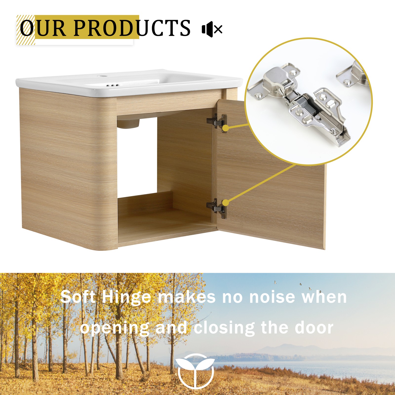 24” Plywood Wall-Mounted Bathroom Vanity Cabinet with White Ceramic Sink +Door