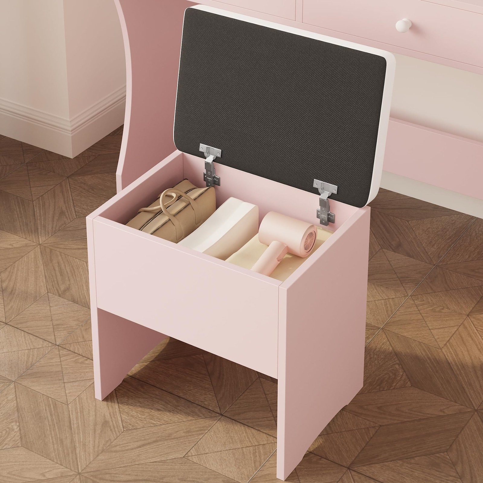 Vanity Desk with LED Lighted Mirror & Power Outlet 4 Drawers Storage Bench Pink