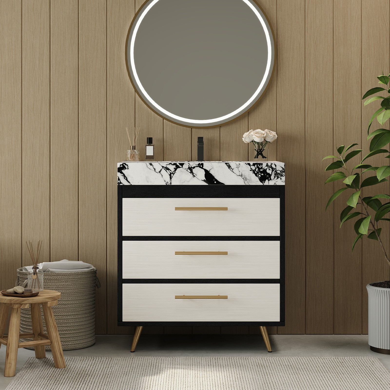 Modern Free-Standing Vanity with Sintered Stone Top & Ceramic Sink