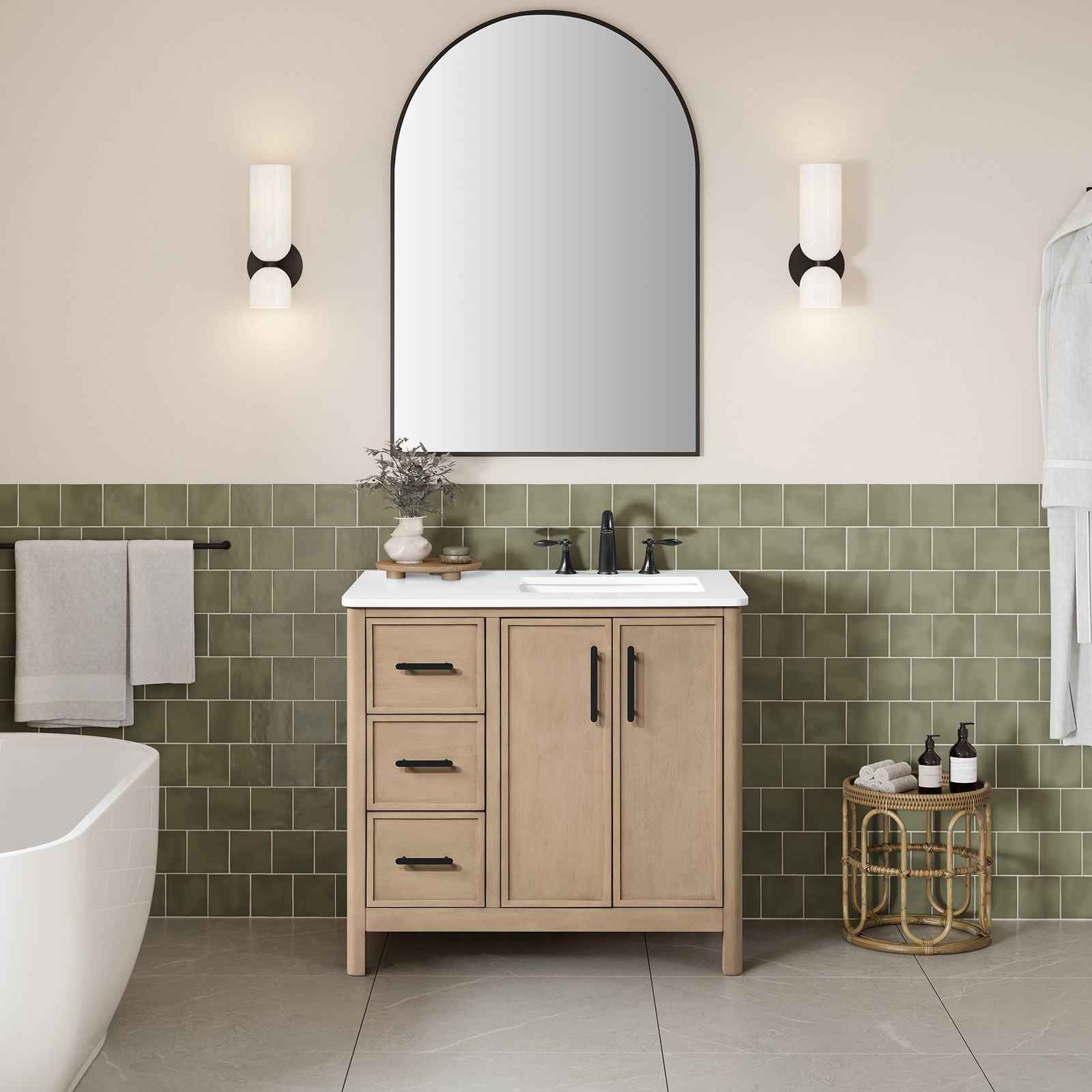 Solas 36″ Bathroom Vanity in Sahara Birch with White Countertop
