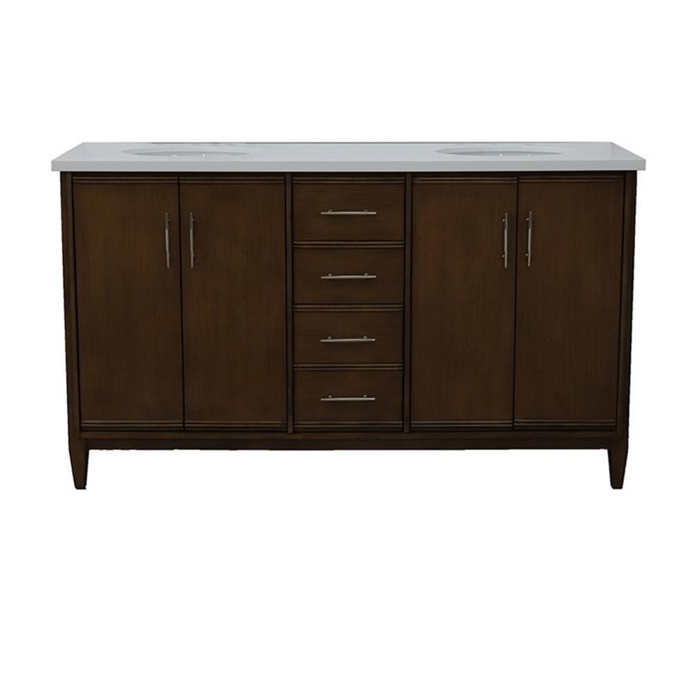 Pemberly Row 61″ Double Oval Sink Solid Wood Vanity in Walnut/White Quartz Stone
