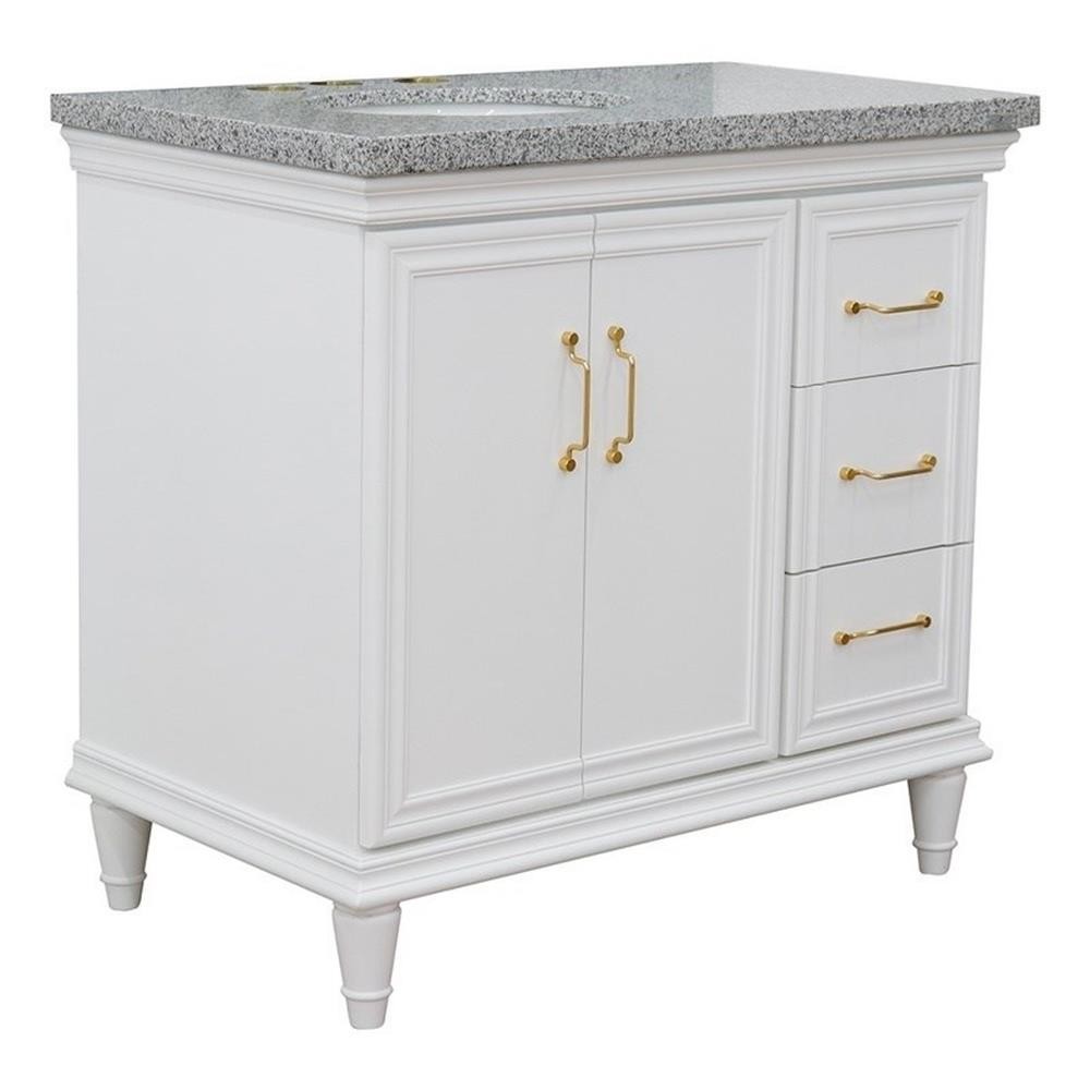 37 in. Single Wooden Vanity White Gray Granite Oval Left Door.Left Sink