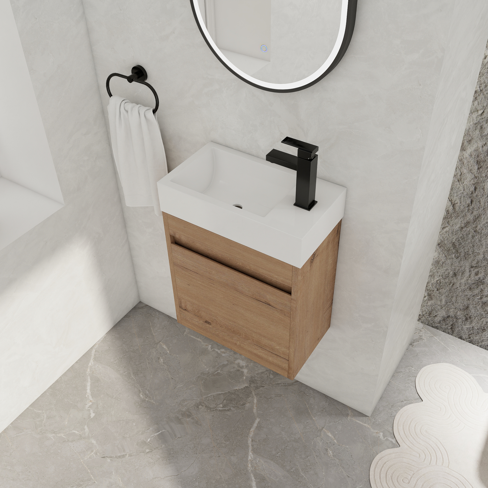 18in Wall Mounted Floating Bathroom Vanity Cabinet W/Resin Sink Oak Small Space