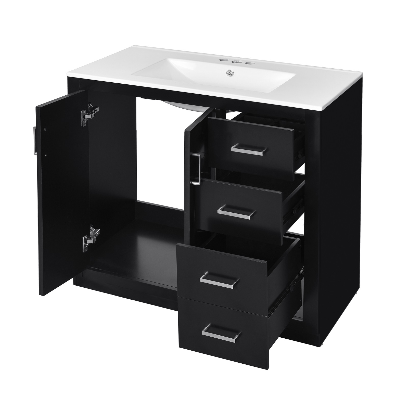 36″ Bathroom Vanity with Ceramic Sink, Solid Wood Frame, 3 Drawers, Black