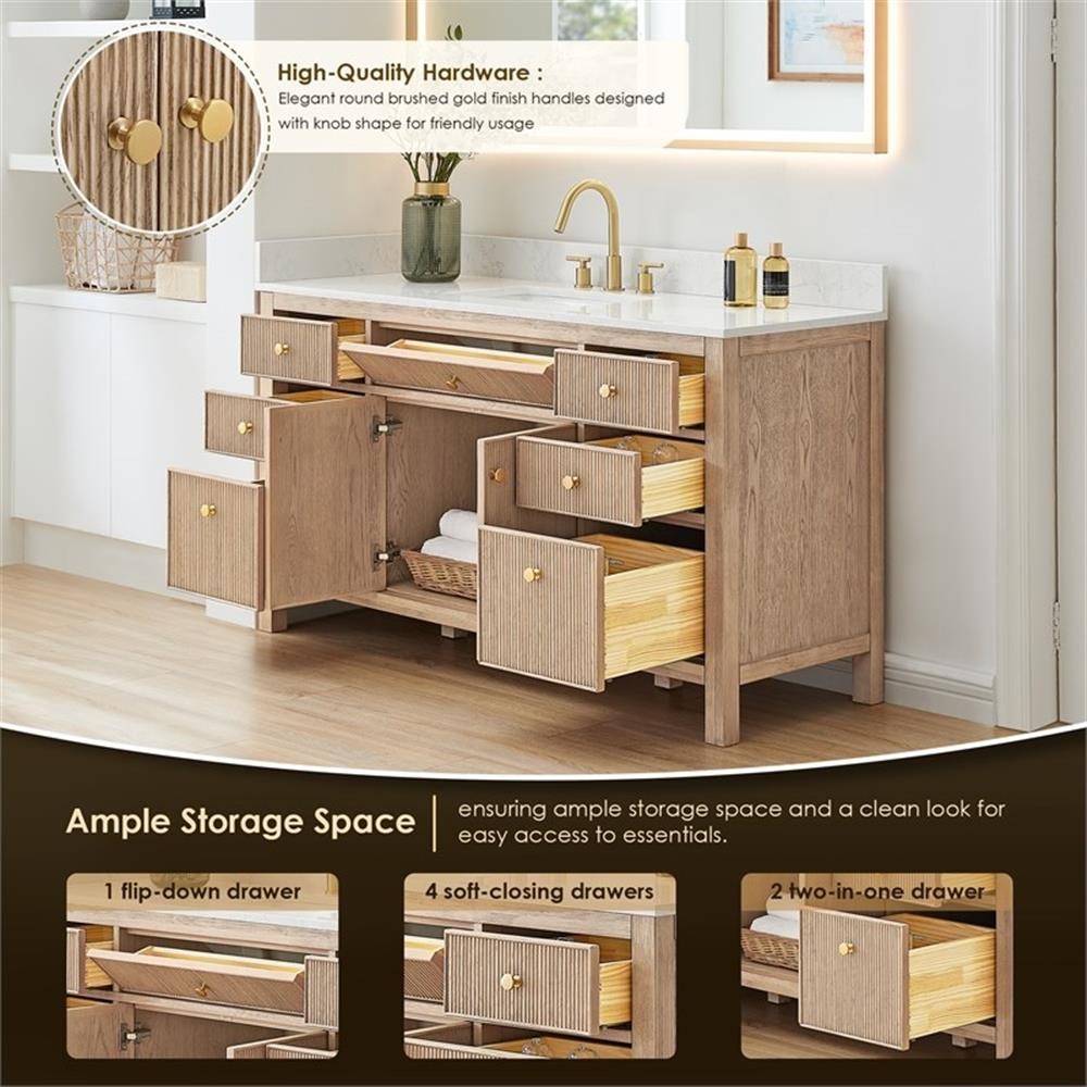 Pemberly Row 60″ Single Wood Vanity in Nature Oak Engineered Stone Top no Mirror