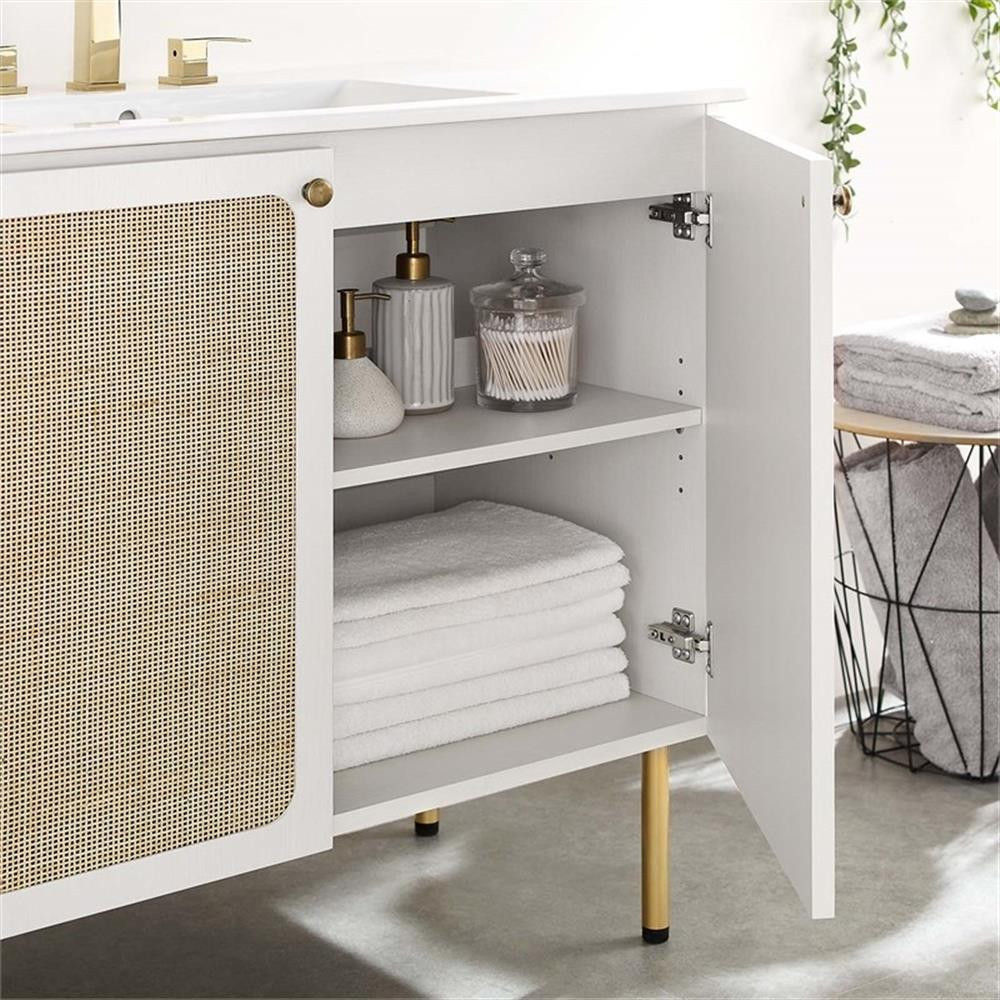 Modway Chaucer 36″ Wood & Rattan Bathroom Vanity with Adjustable Shelf in White