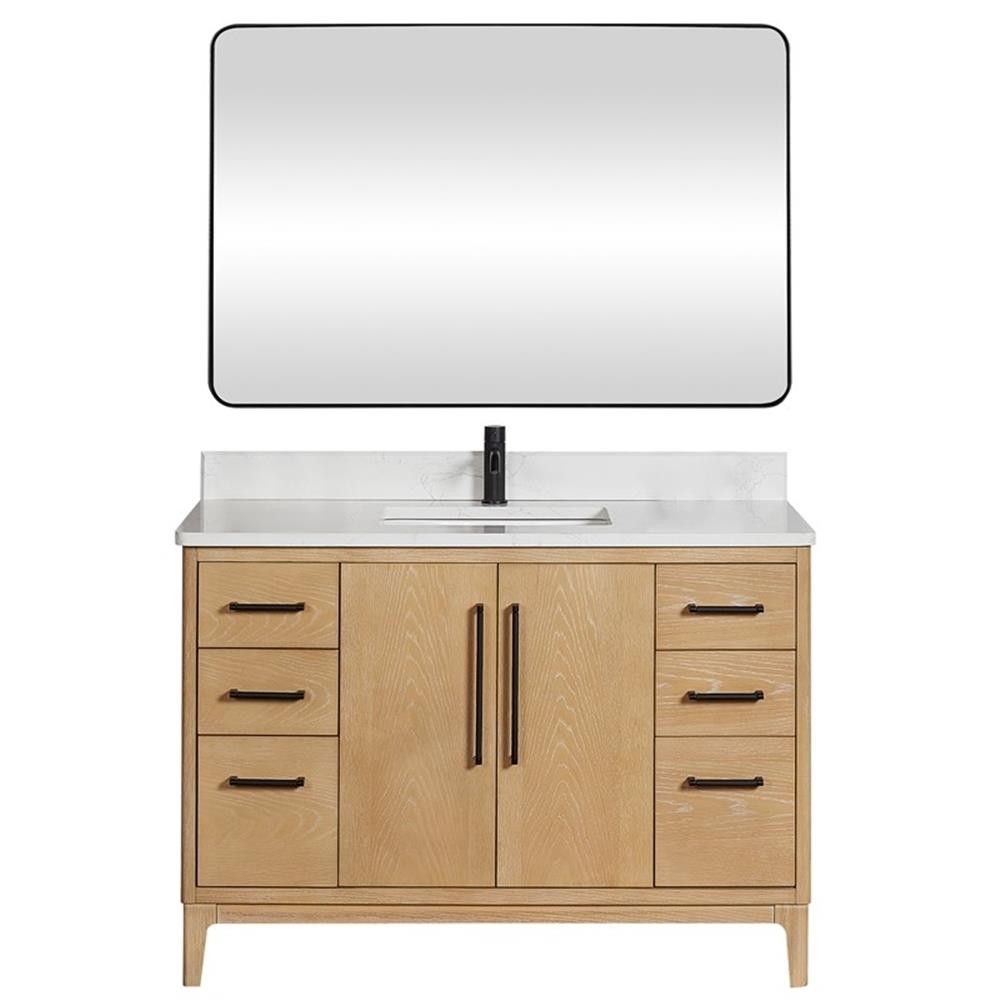 Gara 48″ Single Bath Vanity in Washed Ash Grey w/ White Grain Composite & Mirror