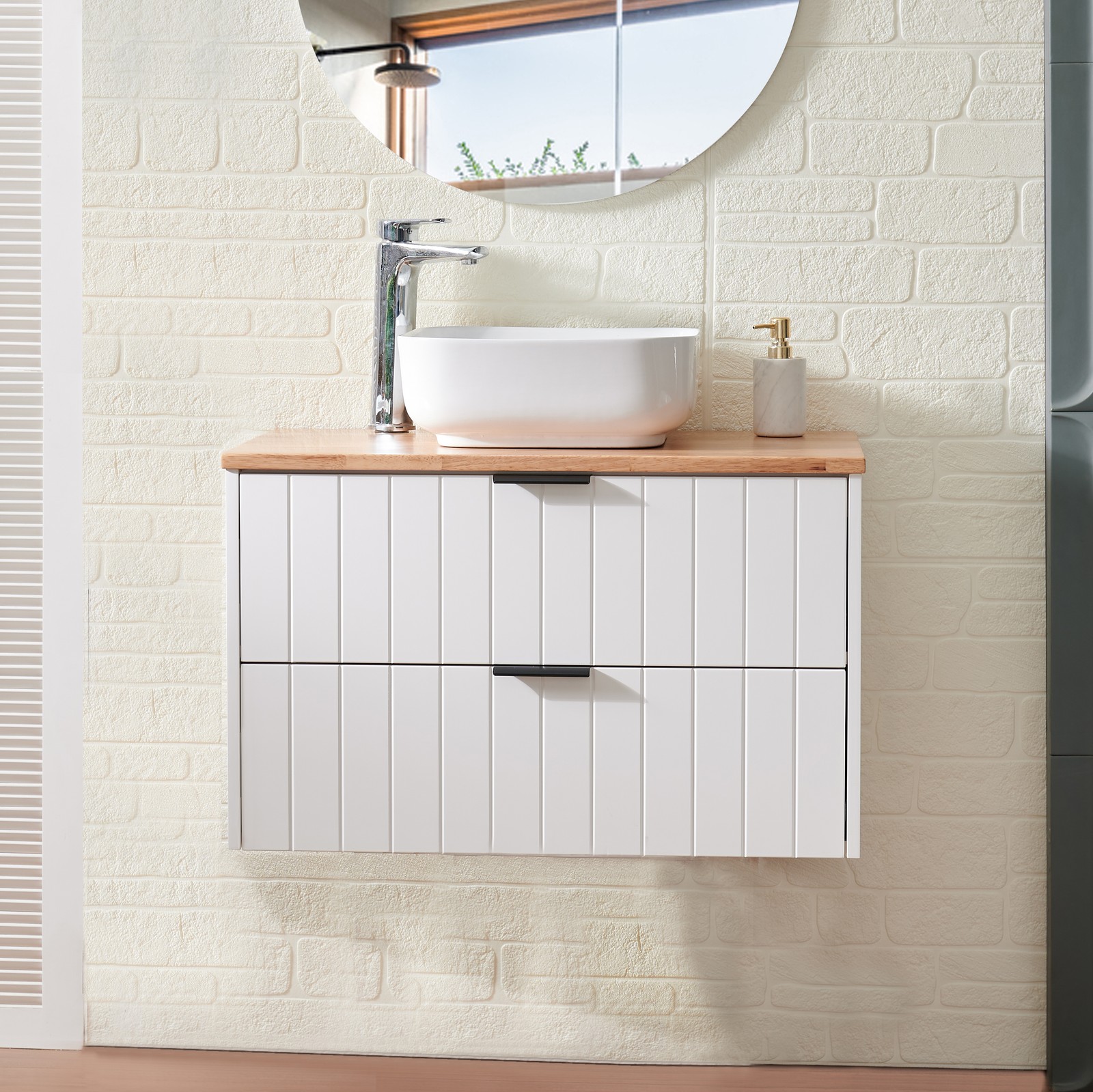 32″ Double Drawer Wall-Mounted Bathroom Vanity,White Cabinet w/Ceramic Sink