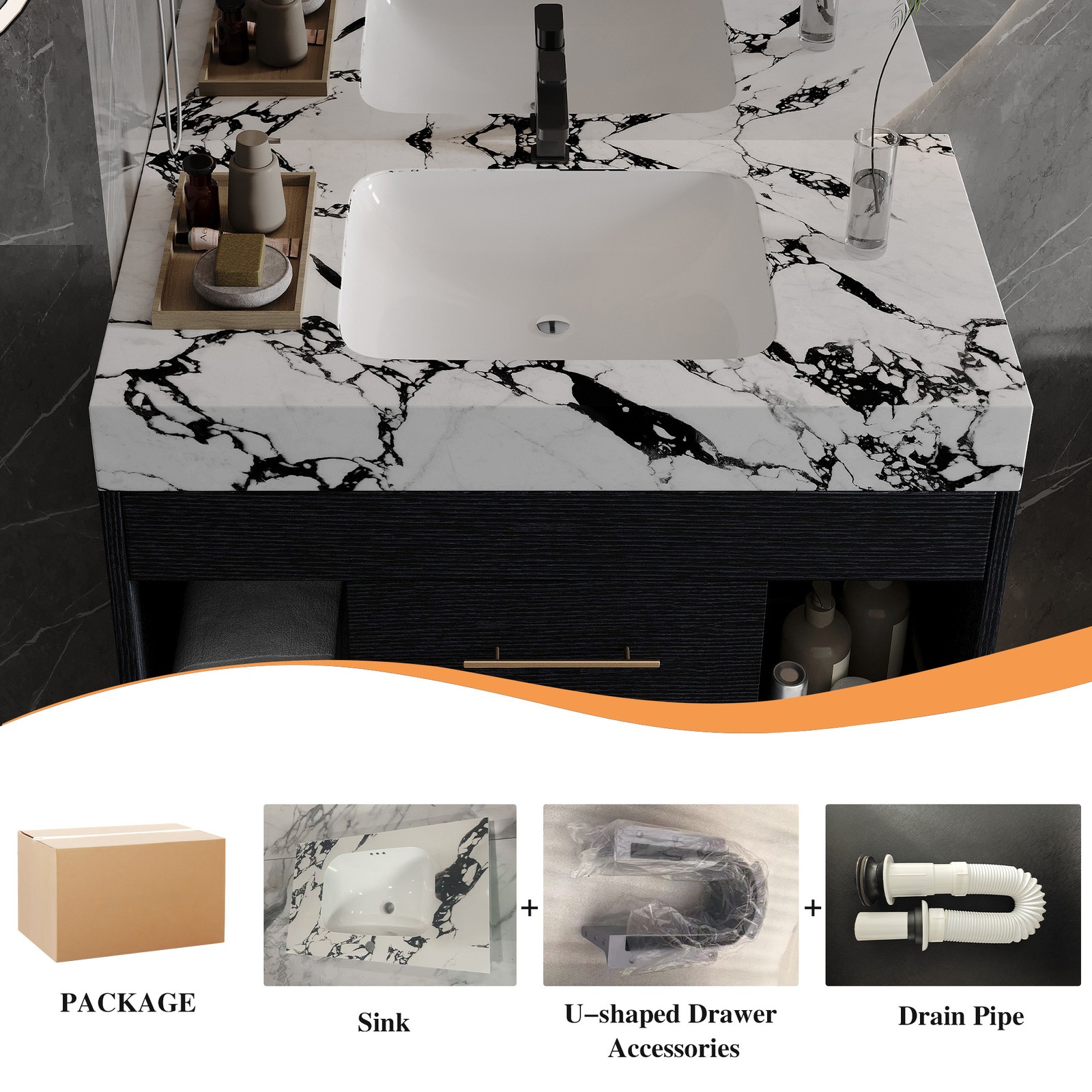 29.9″ Floating Vanity with Sintered Stone Top & Ceramic Sink