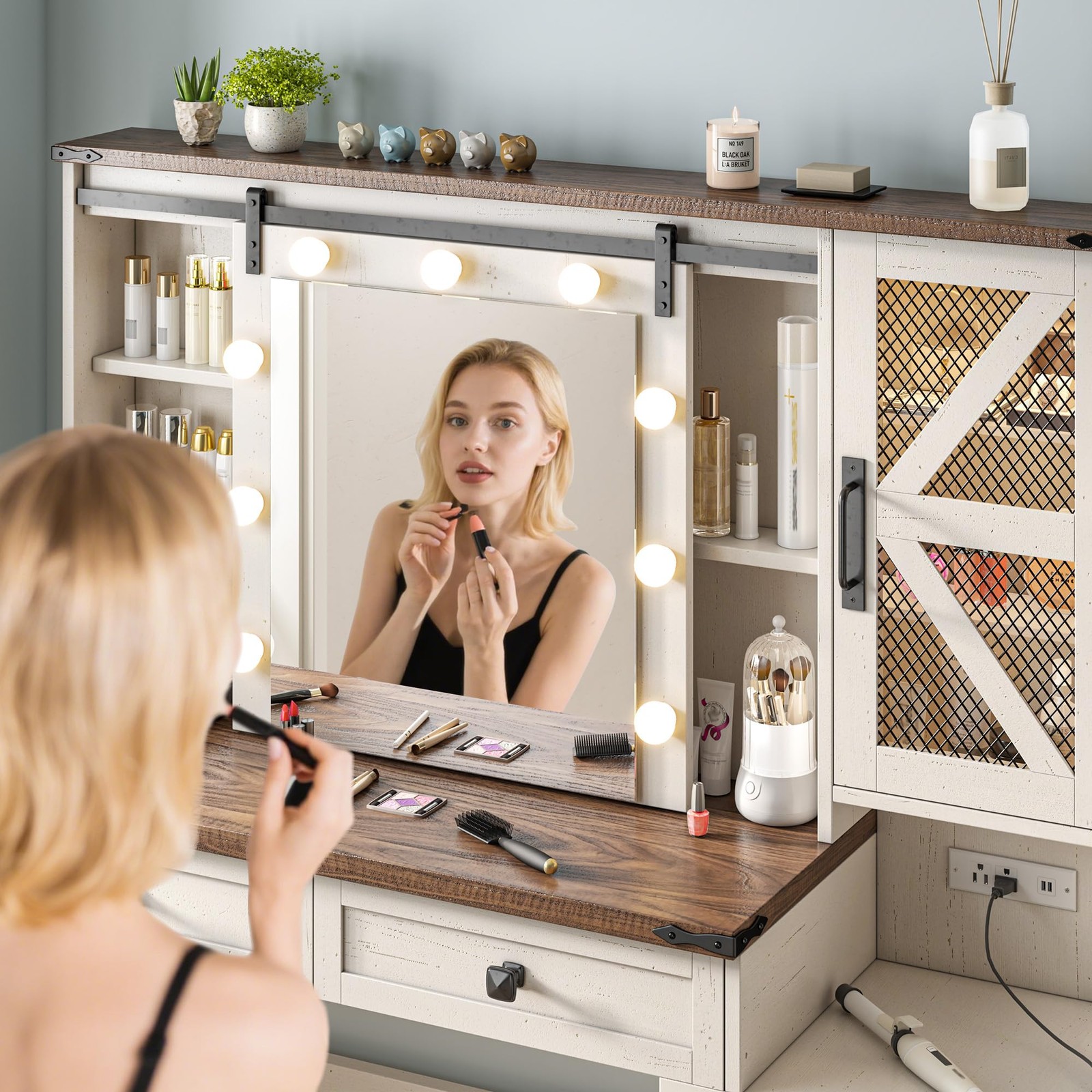 48W Vanity Desk Sliding Mirror 4 Drawers 2 Cabinets 3-Color Lights Antique White