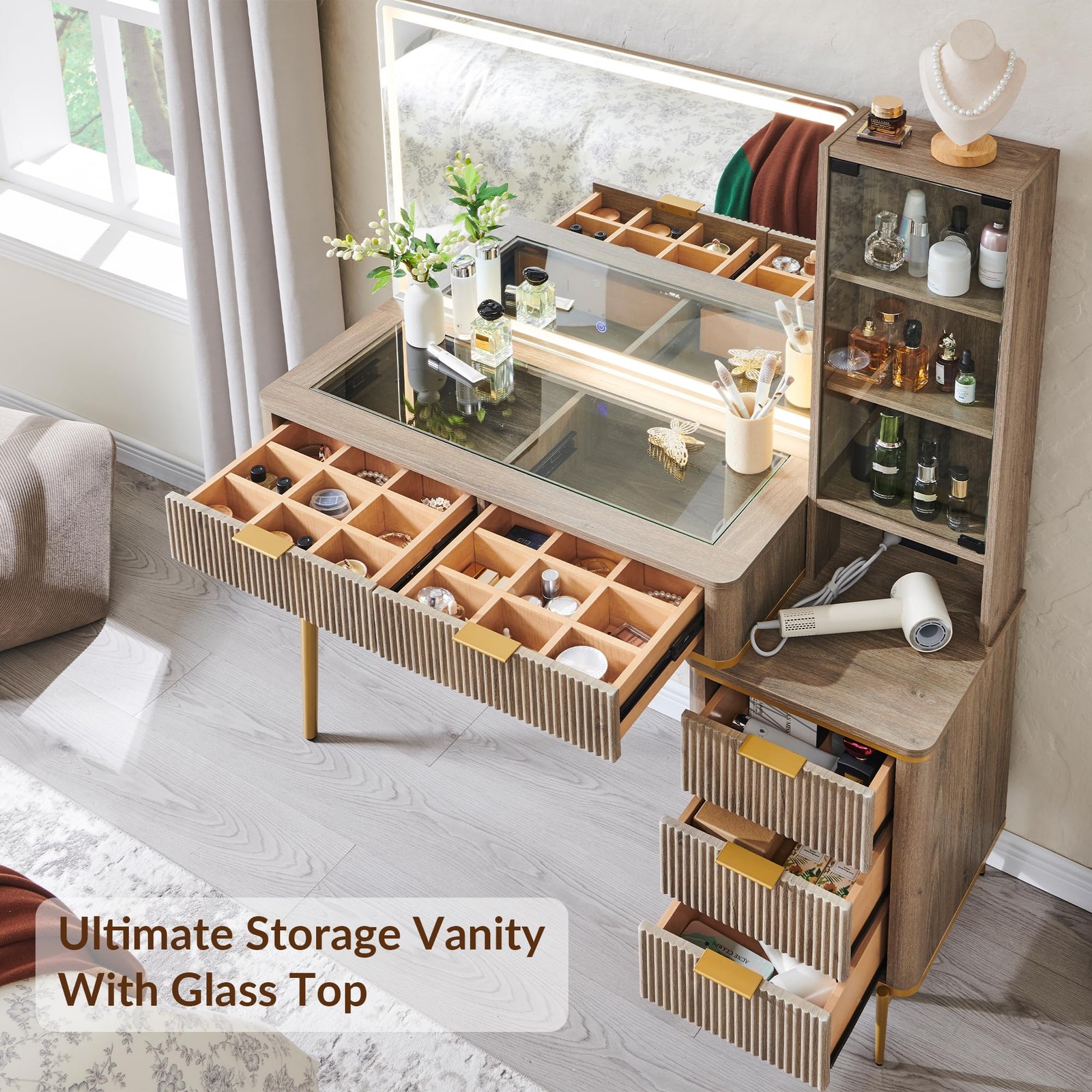 48″ Fluted Vanity Desk with 36″ Lighted Mirror 5 Drawers Charging