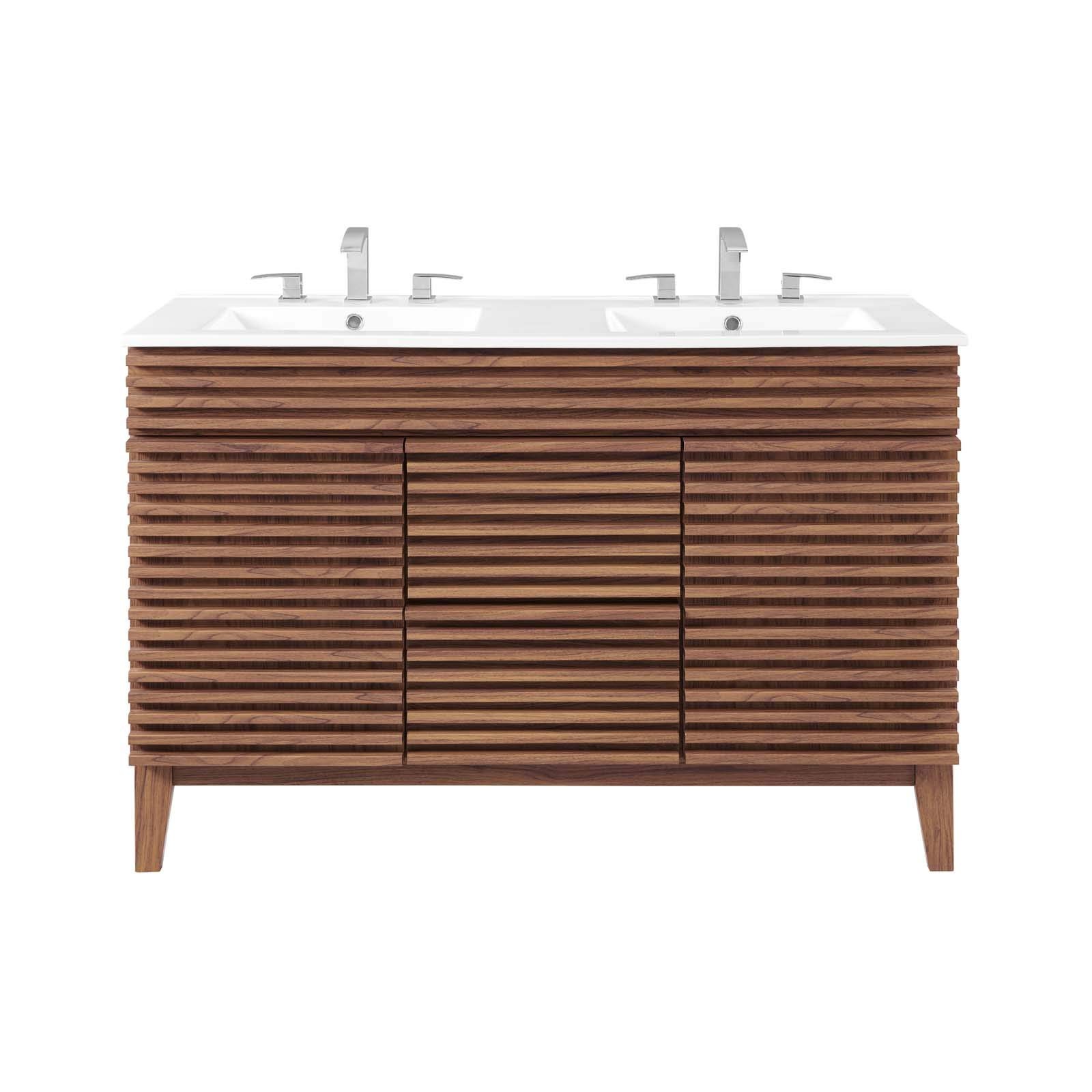 Modway Render 48″ Modern Wood Double Sink Bathroom Vanity in Walnut/White