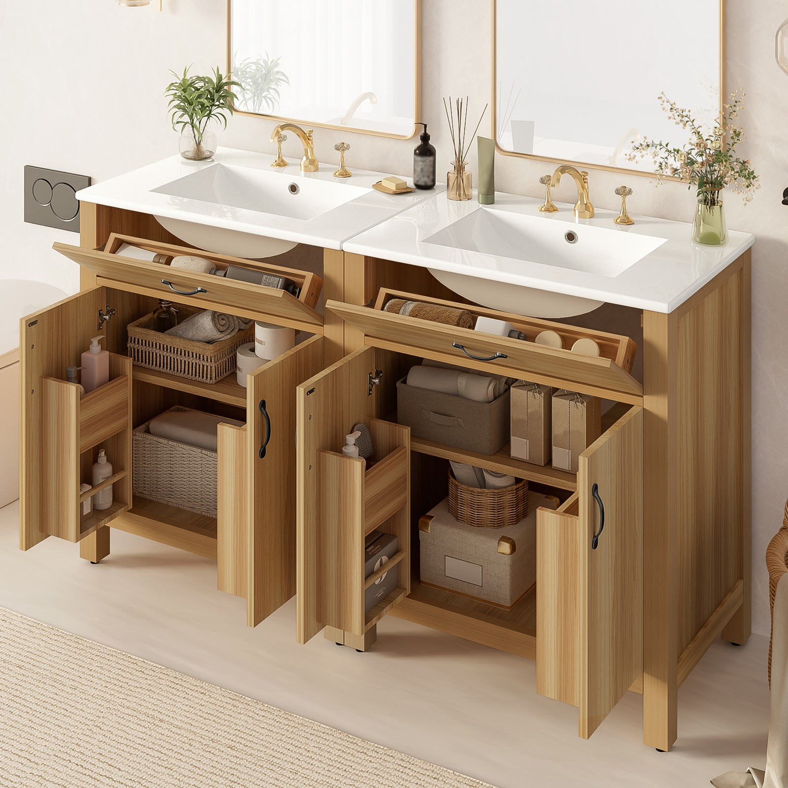 60″ Wood Bathroom Vanity with Solid Wood Frame, 4 Soft Close Doors,2 Flip Drawer