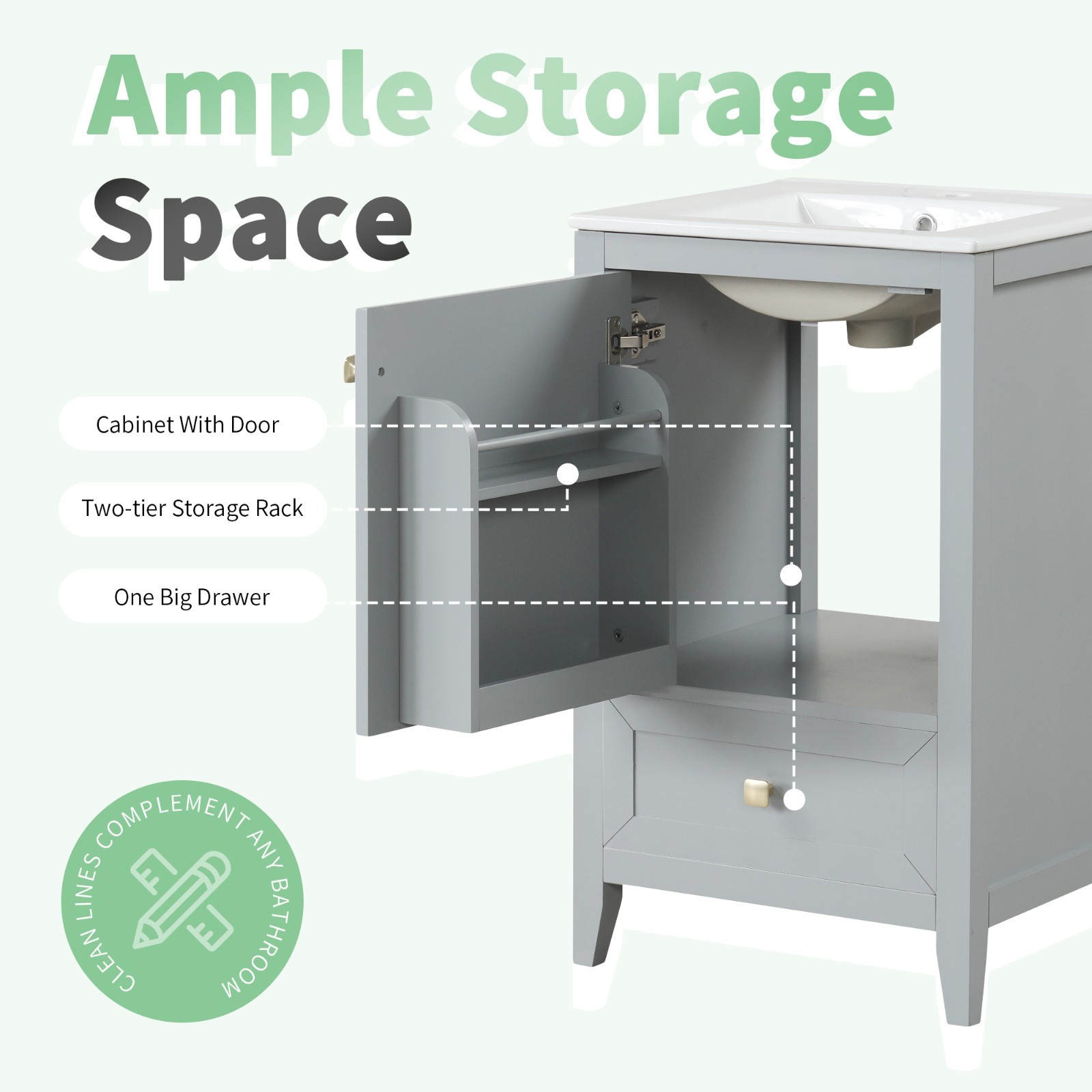 20″ Bathroom Vanity With Sink Storage Cabinet With Drawer Soft Closing Door