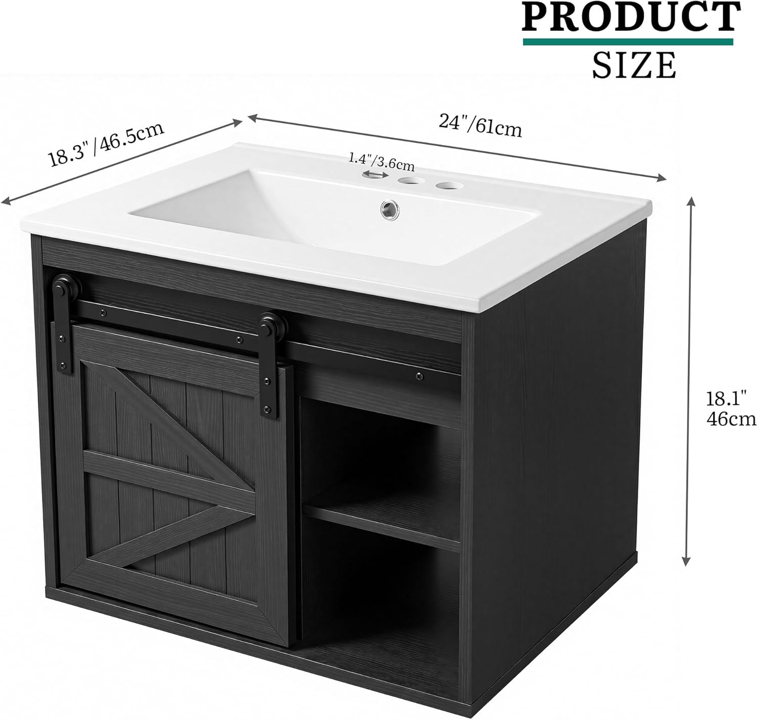 24″ LED Farmhouse Bathroom Vanity with Sink & Sliding Barn Door, Wall-Mounted