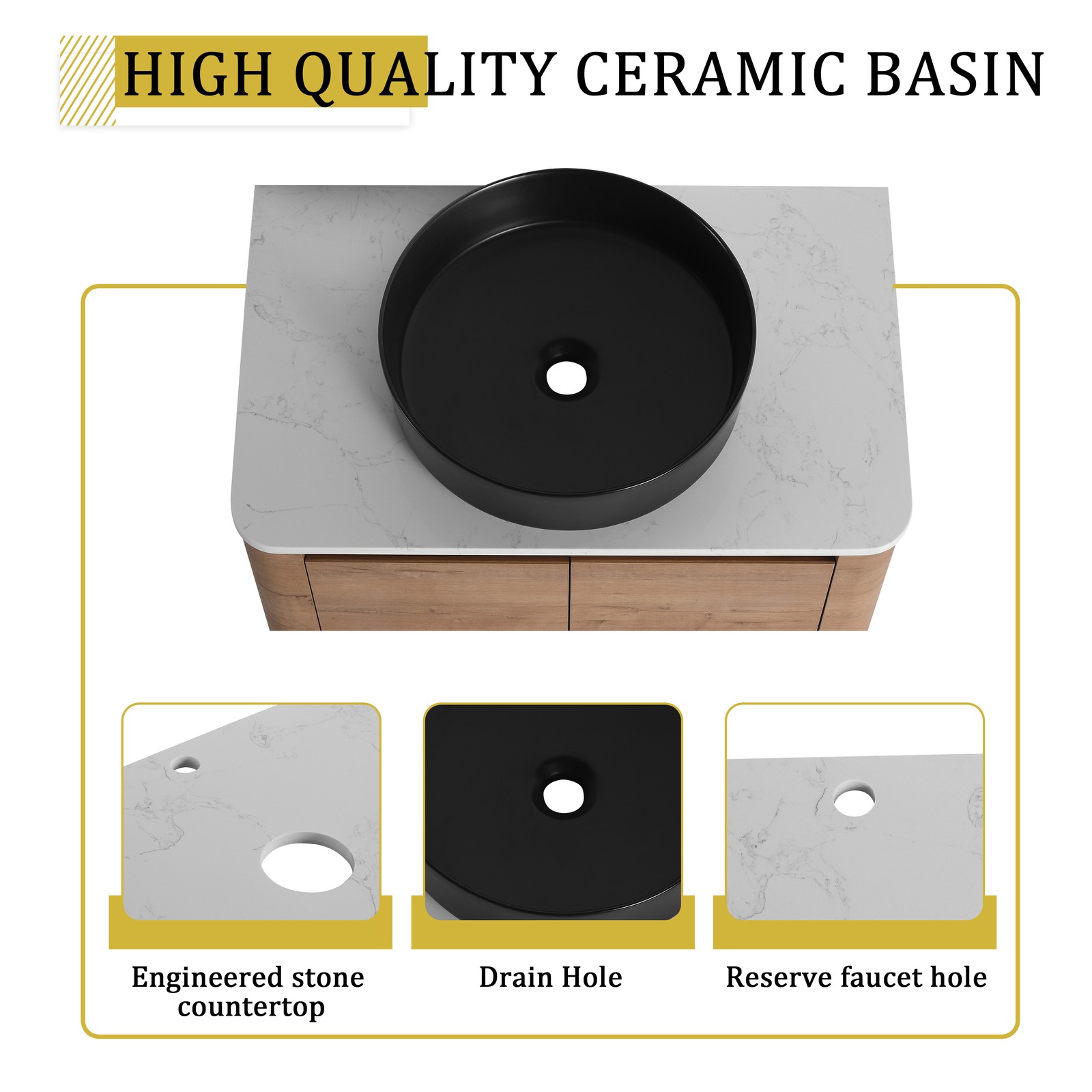 72″ Plywood Wall-Mounted Bathroom Vanity W/ Double Ceramic Black Sink + Shelves