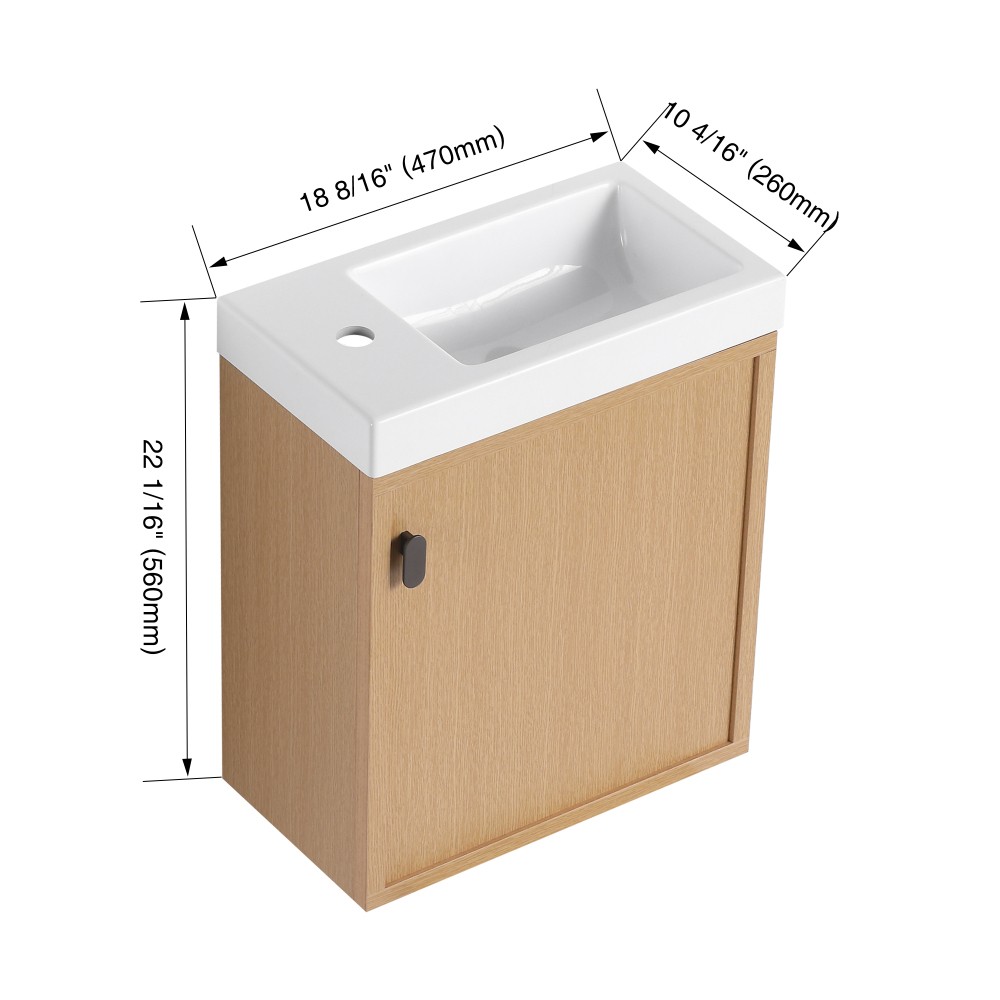 18.5-inch wall-mounted bathroom vanity overhangs to save space