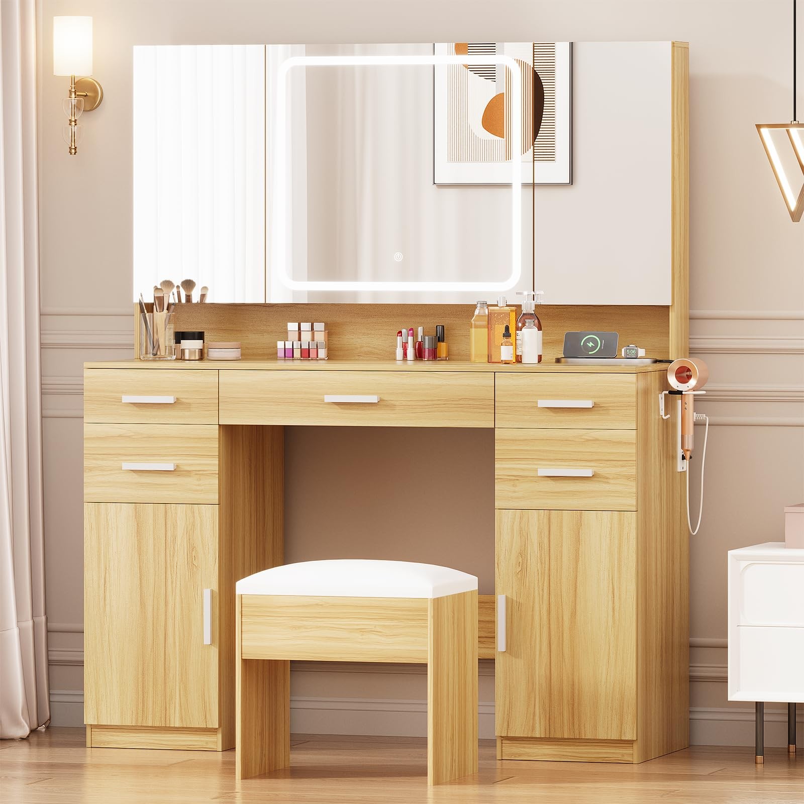 Tri-Fold Mirror Vanity Desk with Lights 7 Drawers Stool Oak Power Outlet