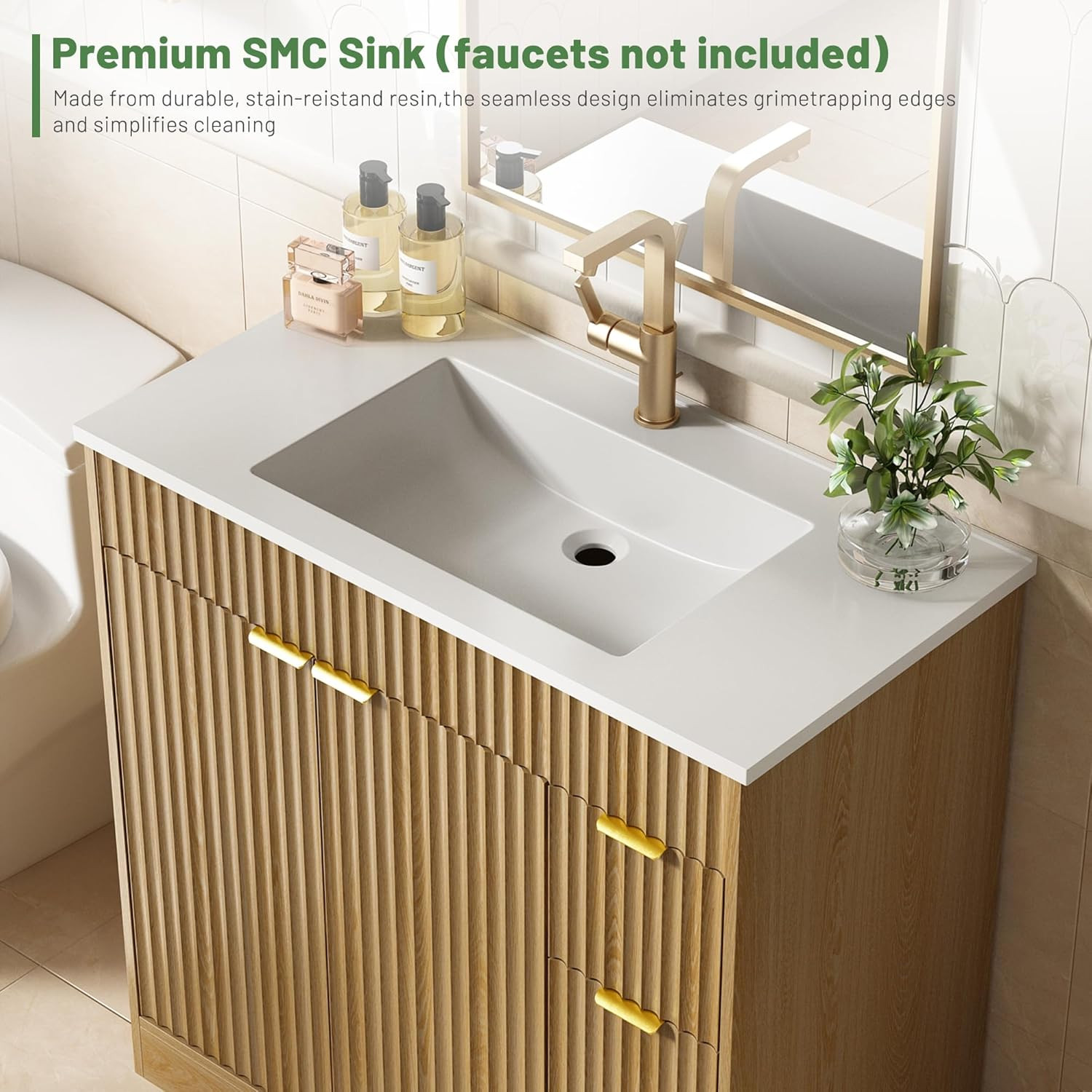36 Inch Bathroom Vanity with Sink, Modern Fluted Bathroom Vanity with Sink with
