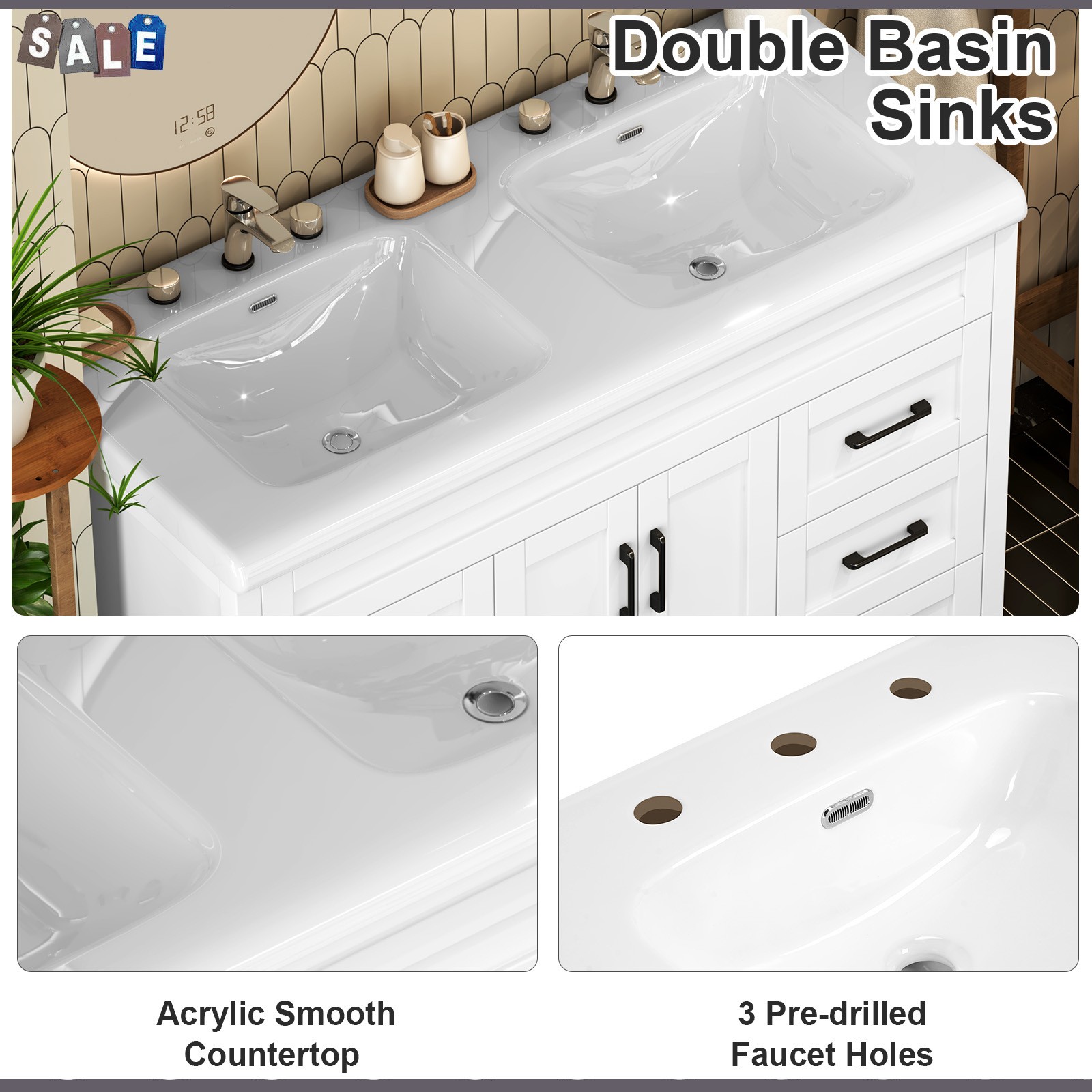 White Bathroom Vanity Double Sink Freestanding Cabinet with Storage Drawers
