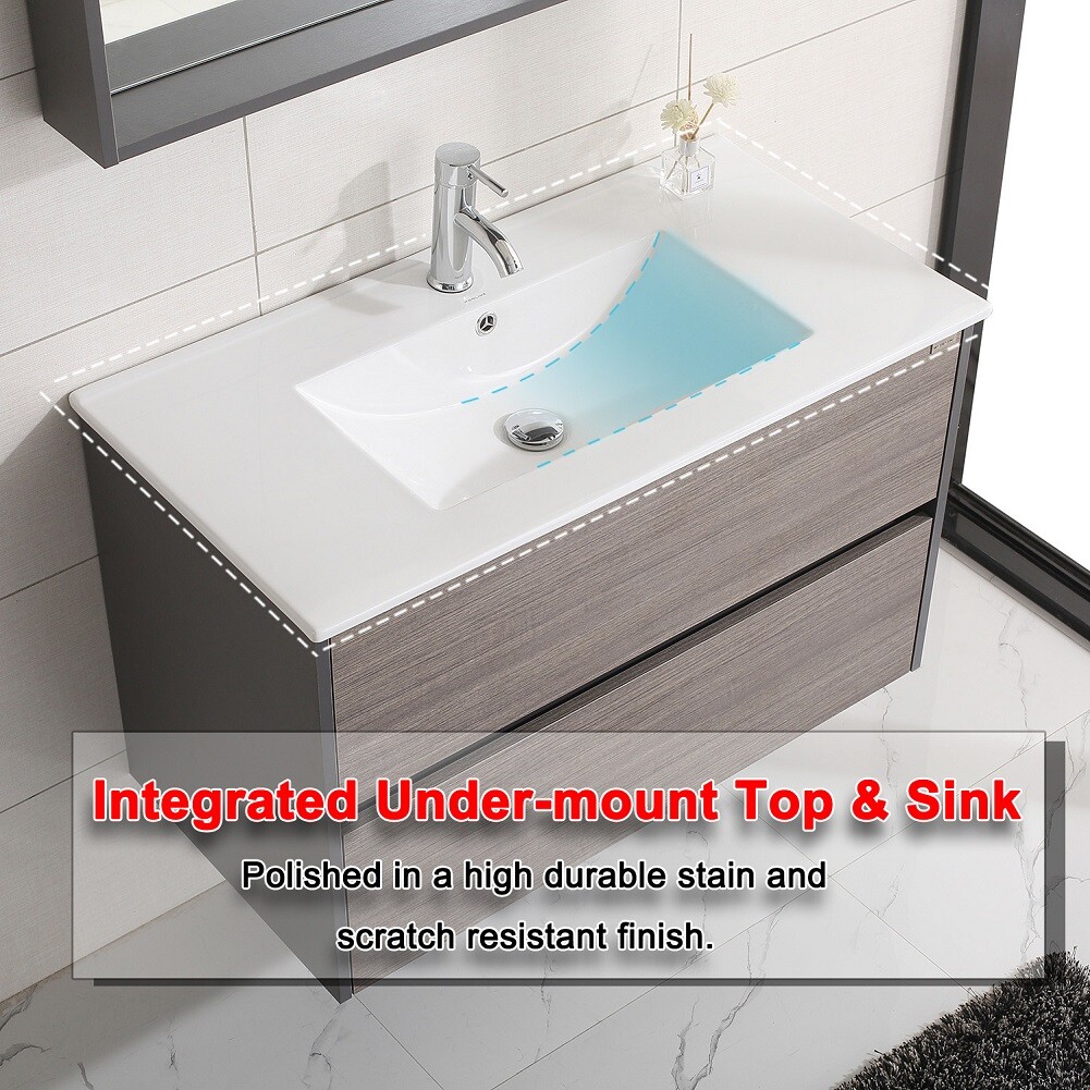 Wall-mount 36″ Bathroom Vanity Wood Cabinet w/ Resin Basin Sink & Mirror Combo