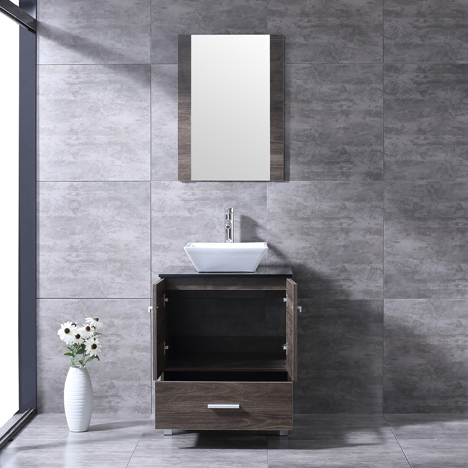 24″Bathroom Vanity Wood Cabinet White Ceramic Sink Bowl Basin Brown Mirror Combo