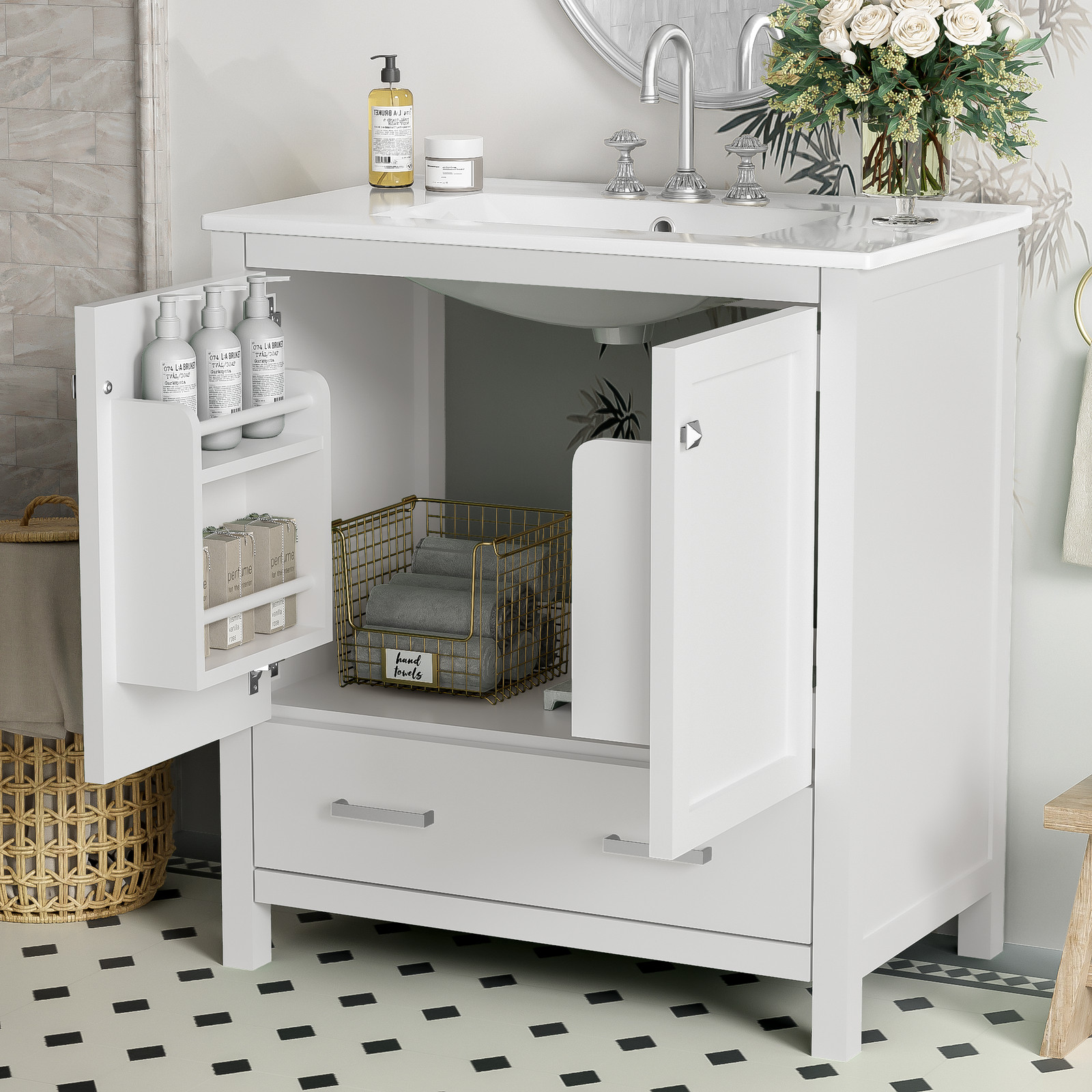 30″ White Bathroom Vanity with Single Sink & Soft Close Doors