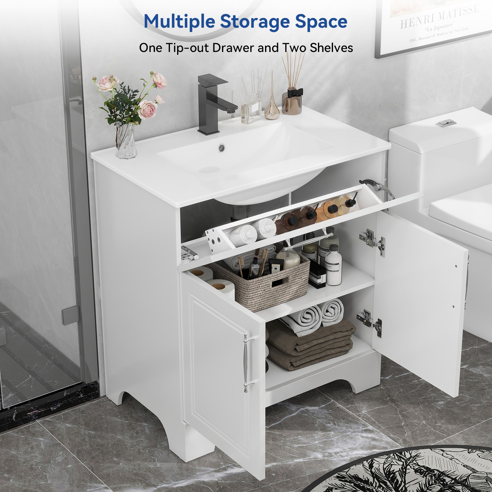 30″ White Bathroom Vanity Set with Sink & Soft-Closing Storage Cabinet Modern