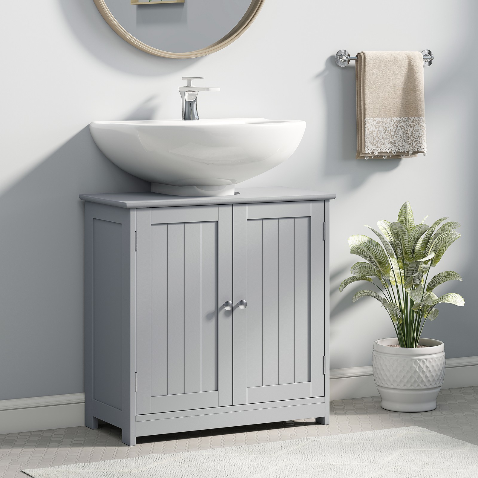 Short Pedestal Sink Washroom Storage Furniture w/Double Doors and Moveable Shelf
