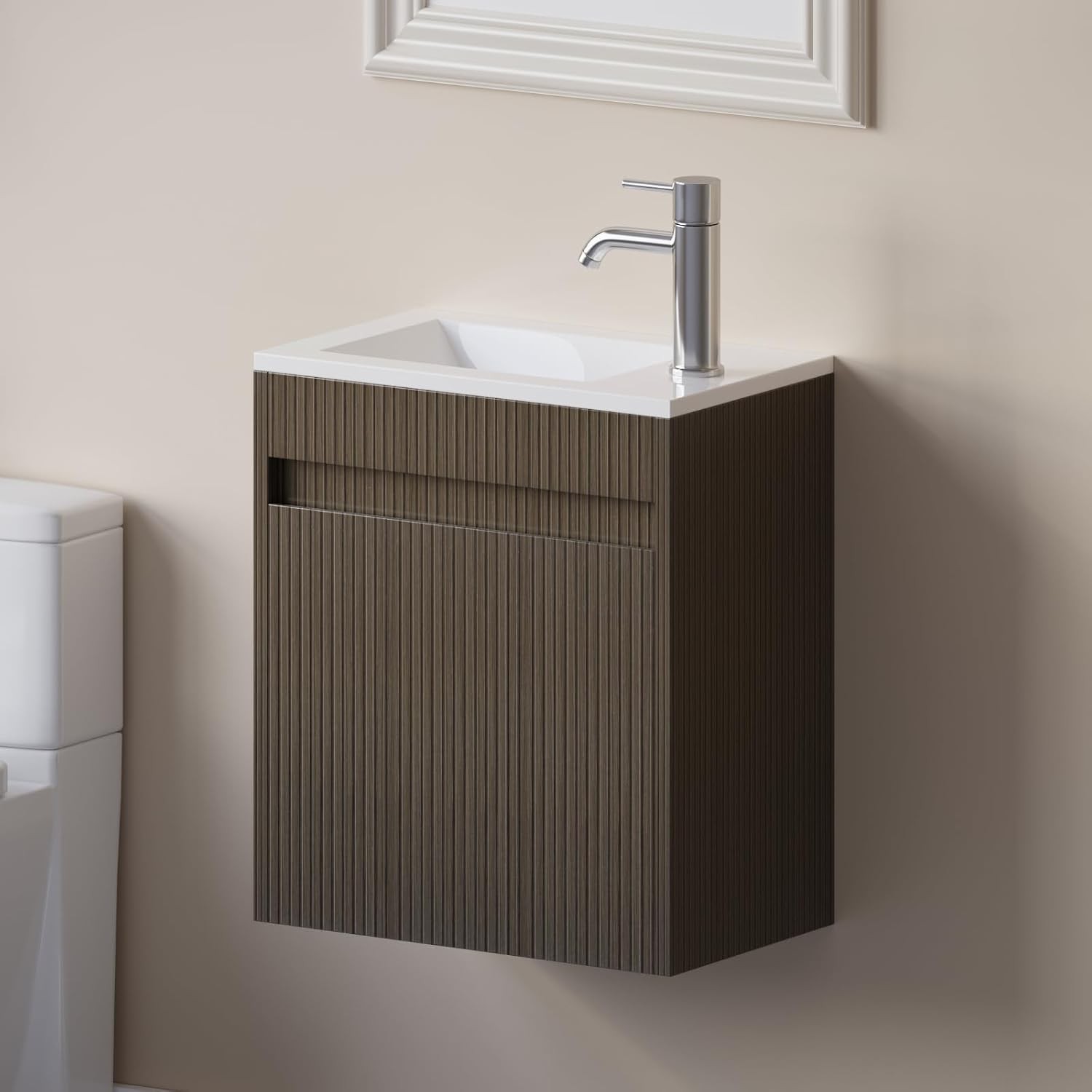 16″ Bathroom Vanity Wall Mount Cabinet with Sink Faucet Vessel Drain Combo Set