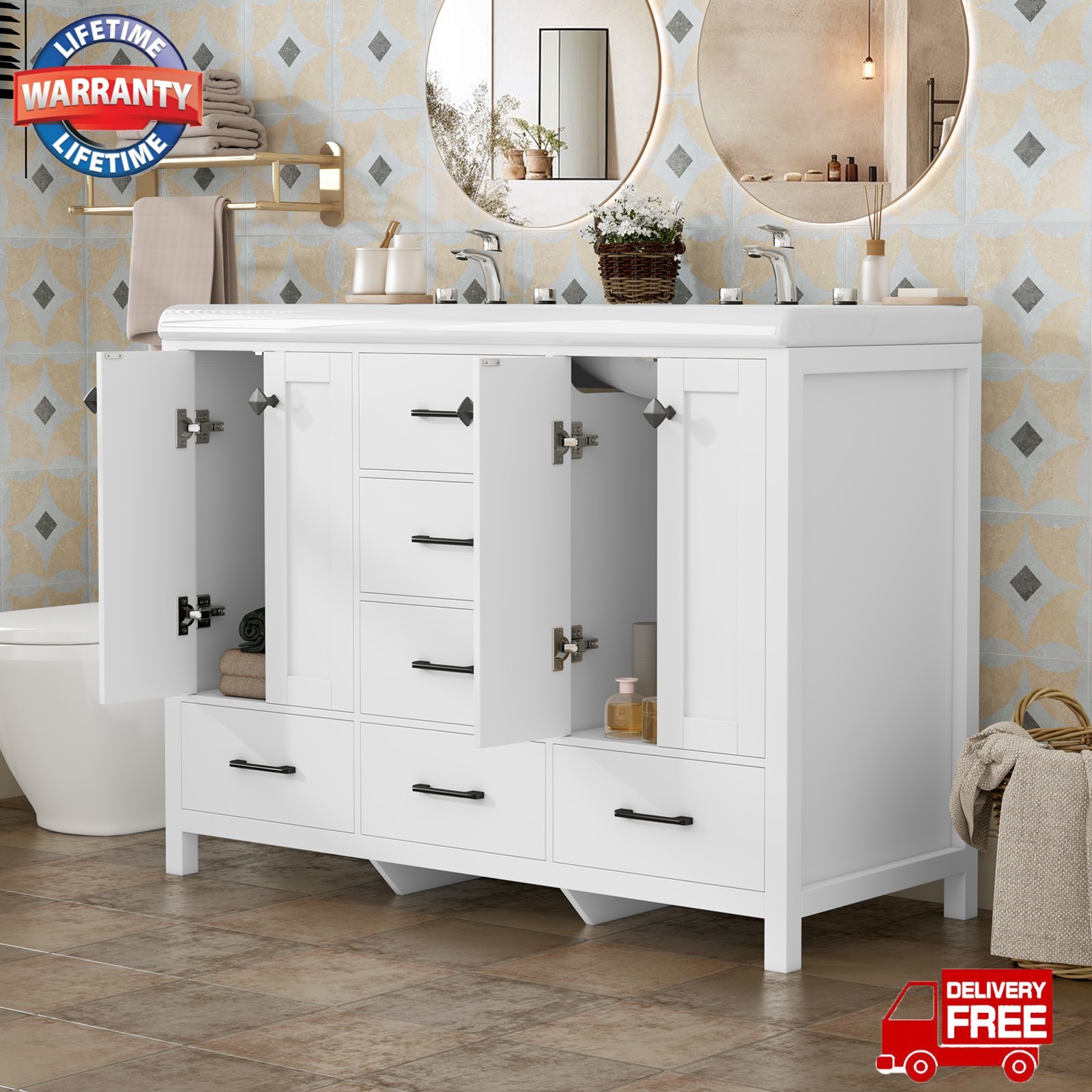 47″ Bathroom Vanity with Double Ceramic Sink and Cabinet Freestanding +Drawers