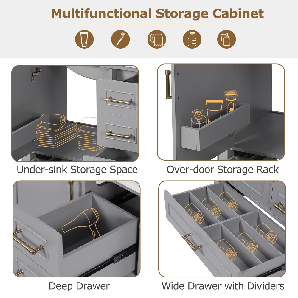 30″ Wood Bathroom Vanity Ceramic Sink Soft Close Door 3 Drawers Storage Cabinet