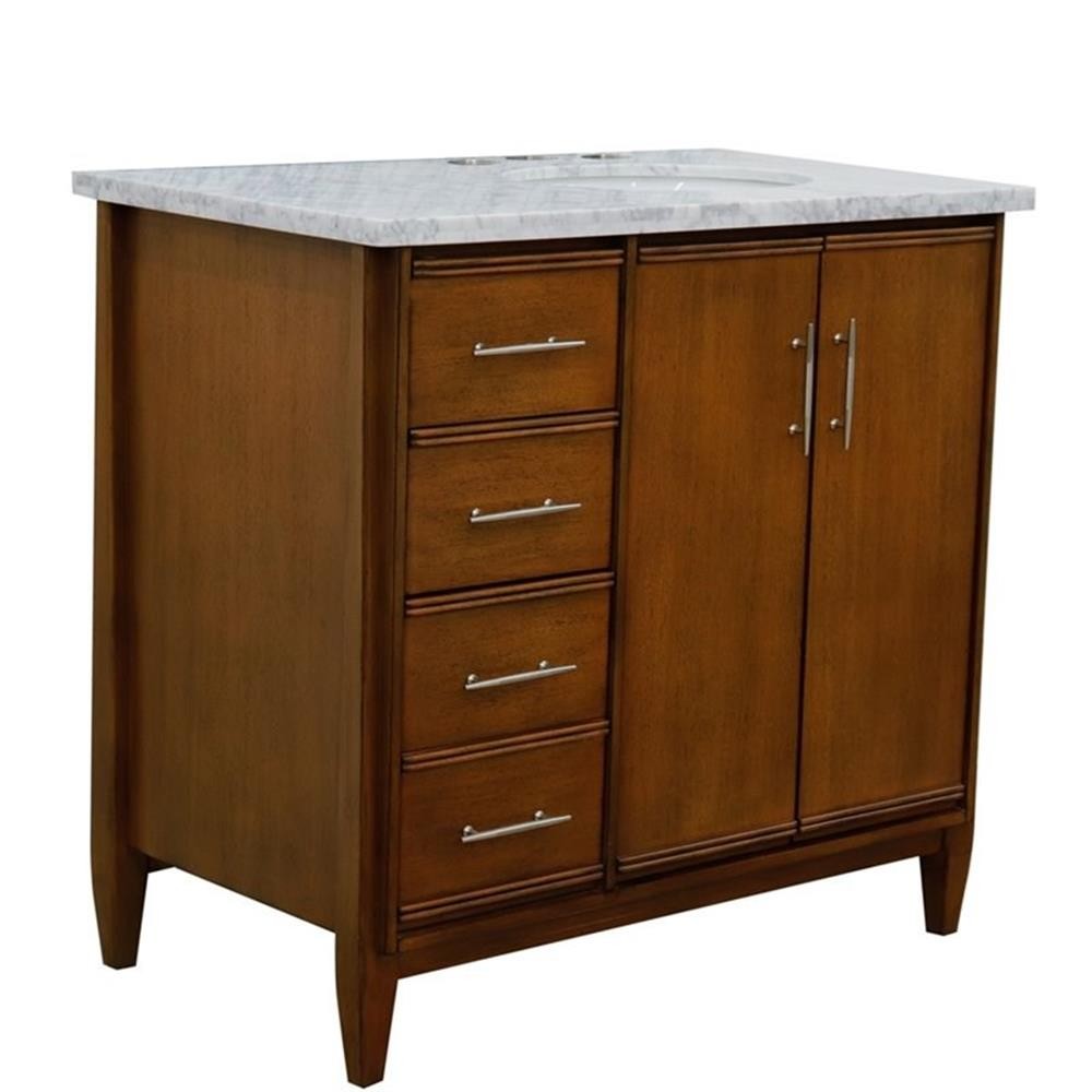 MCM Solid Wood Single Vanity with Right Oval Sink in Walnut/White Carrara