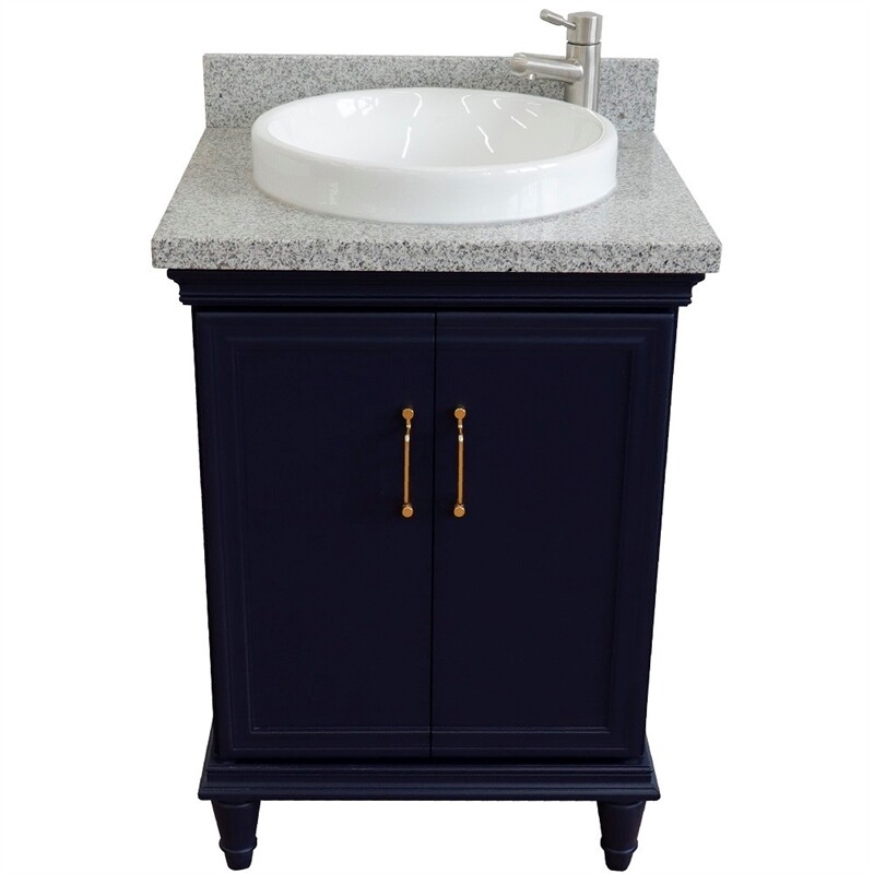 25 in. Single Wooden Vanity Blue with Gray Granite Round Sink