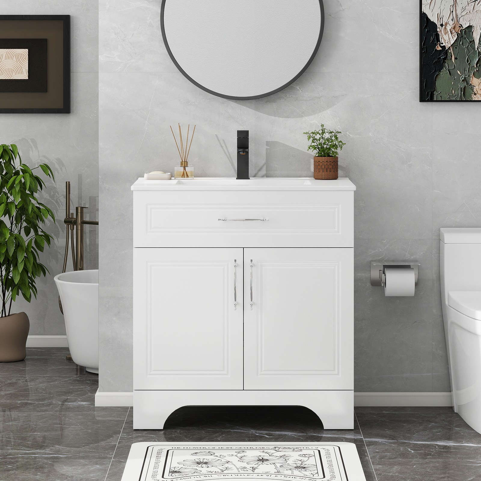 30″ White Bathroom Vanity with Sink Soft-Close Cabinet No Faucet