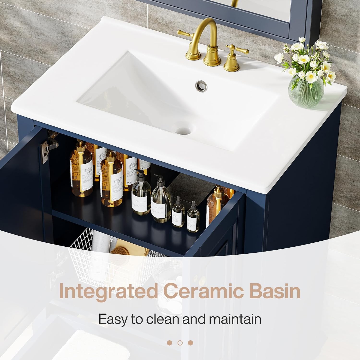 24″ Bathroom Vanity with Ceramic Sink Combo Navy Blue Cabinet w/ Doors & Drawer
