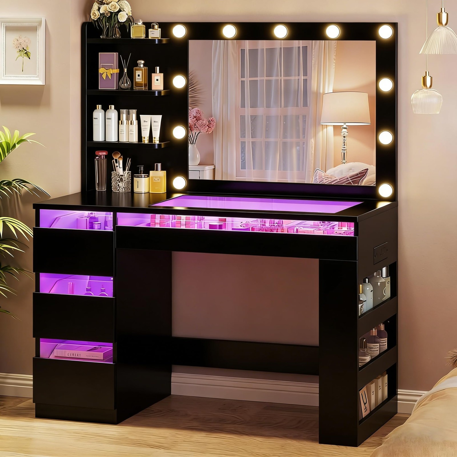 Vanity Desk Lighted Mirror Transparent Drawers RGB Power Outlet Storage Bedroom
