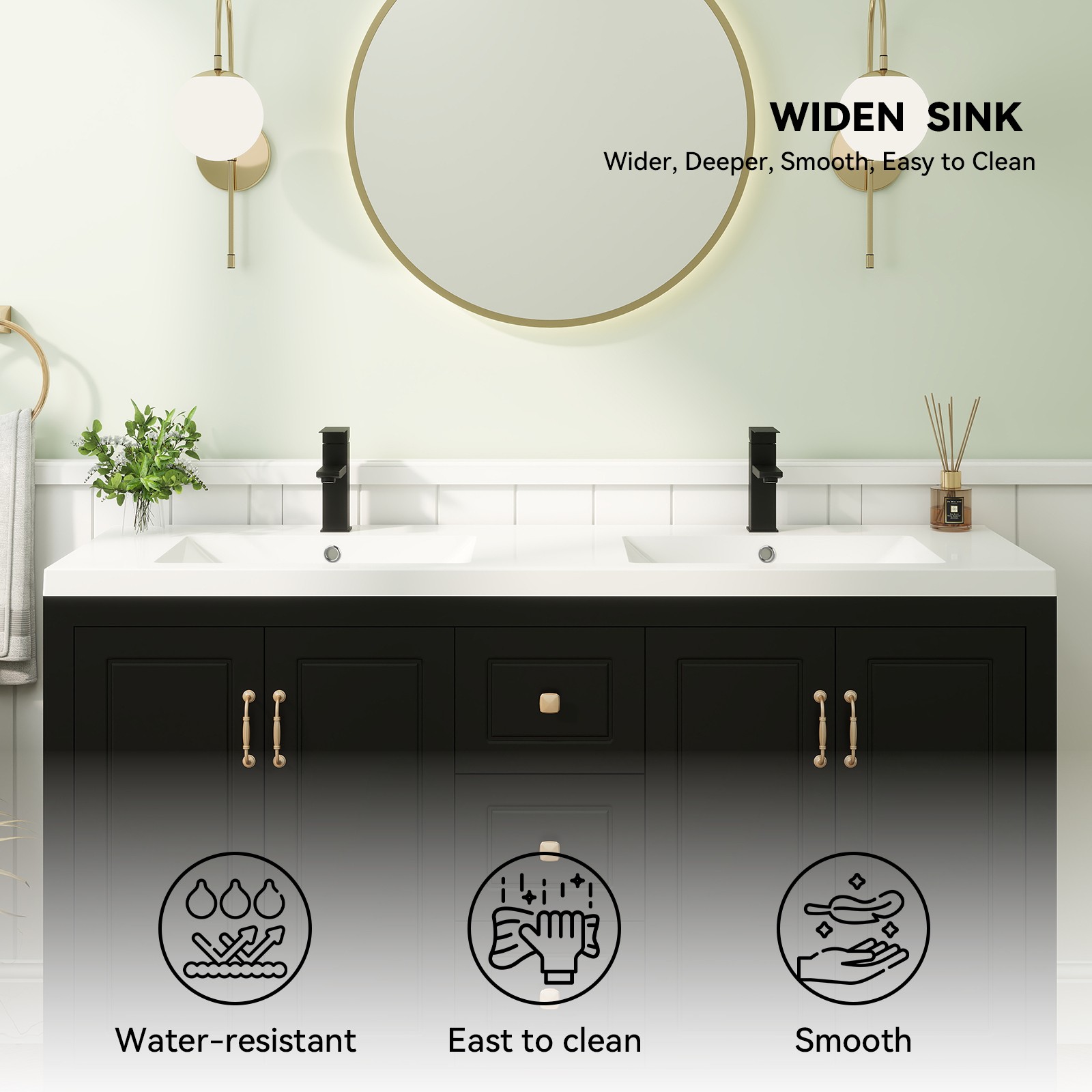 60″ Freestanding Bathroom Vanity Soft-Close 4 Doors 3 Drawers with Faucet Black