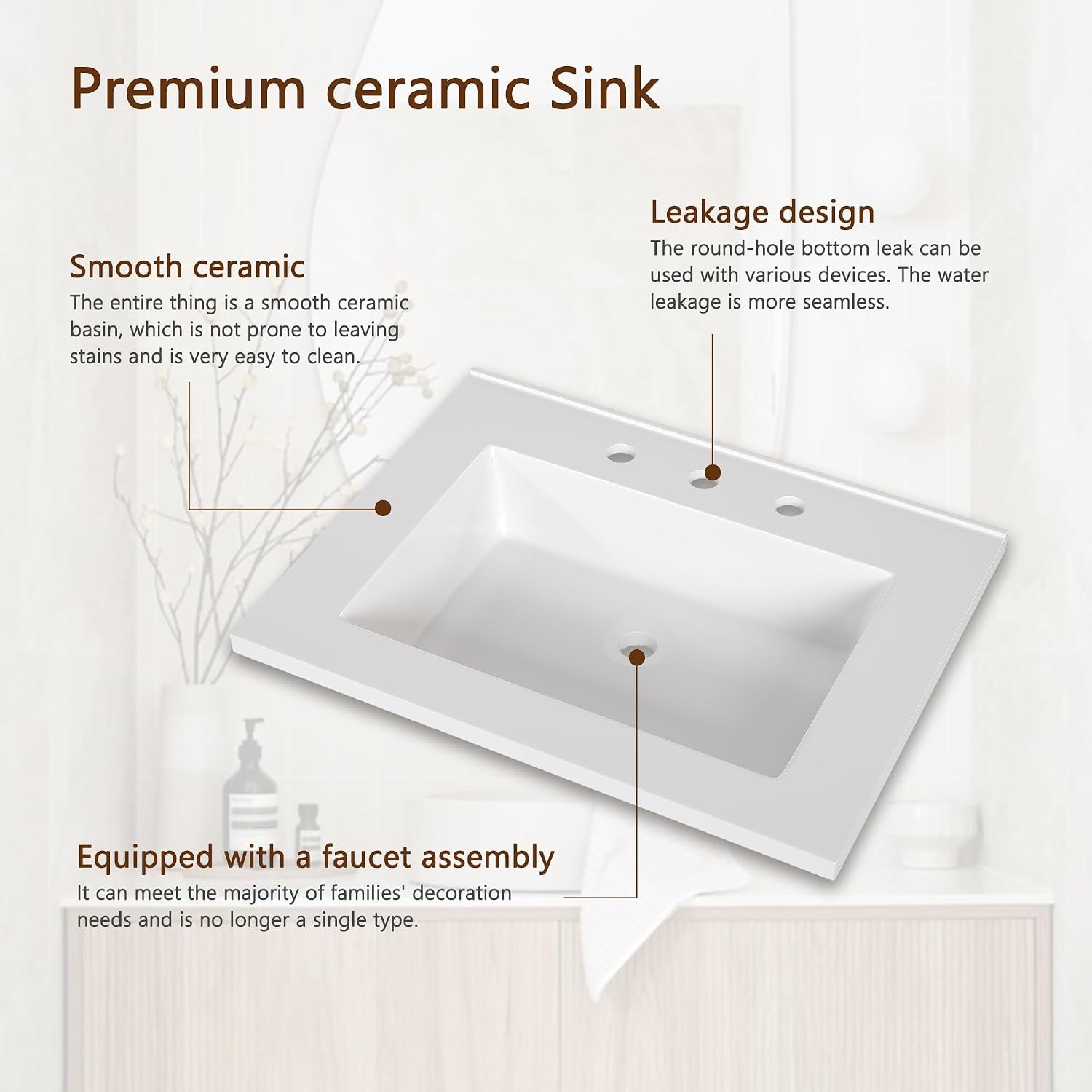 25“ Bathroom Vanity with Ceramic Sink Fluted Wood Storage Cabinet Large Drawer