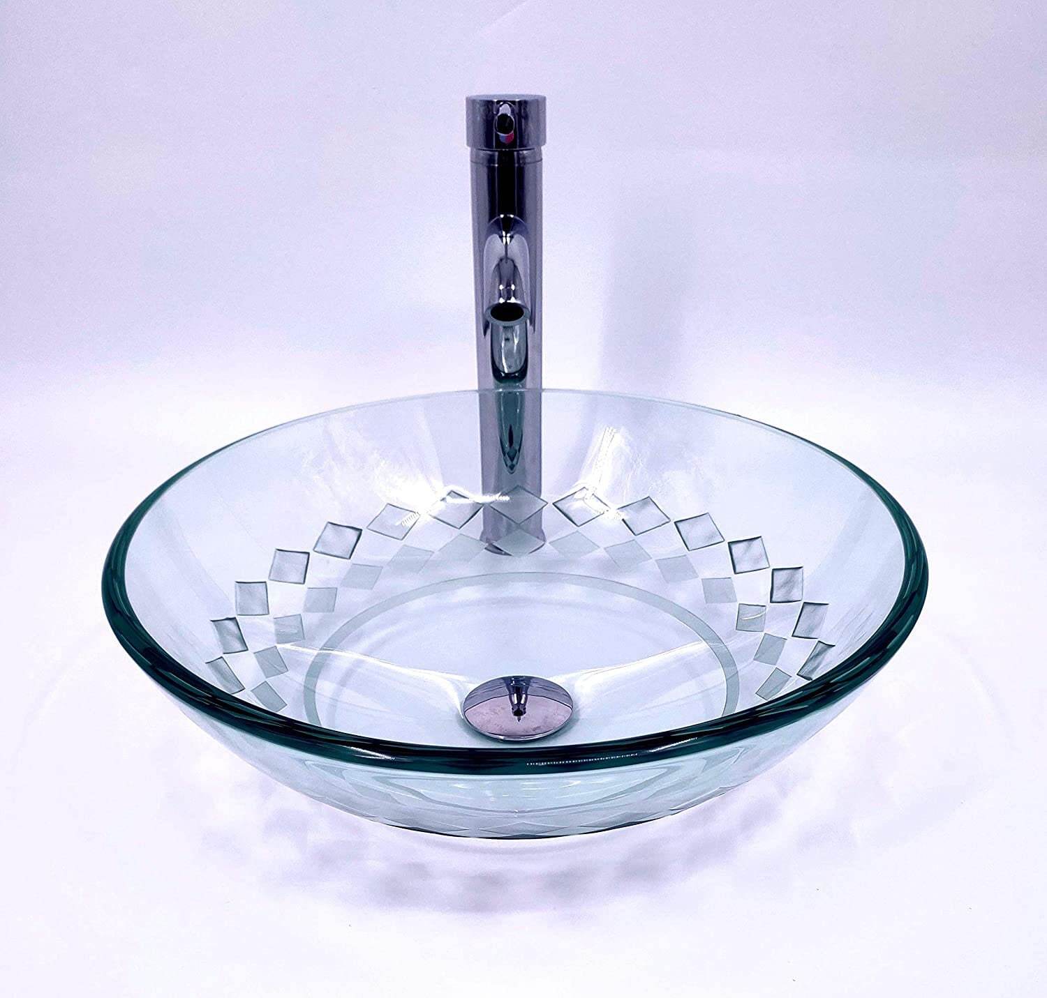 Glass Sink Round Vessel Bathroom Sink Set Faucet Pop up Squares Pattern