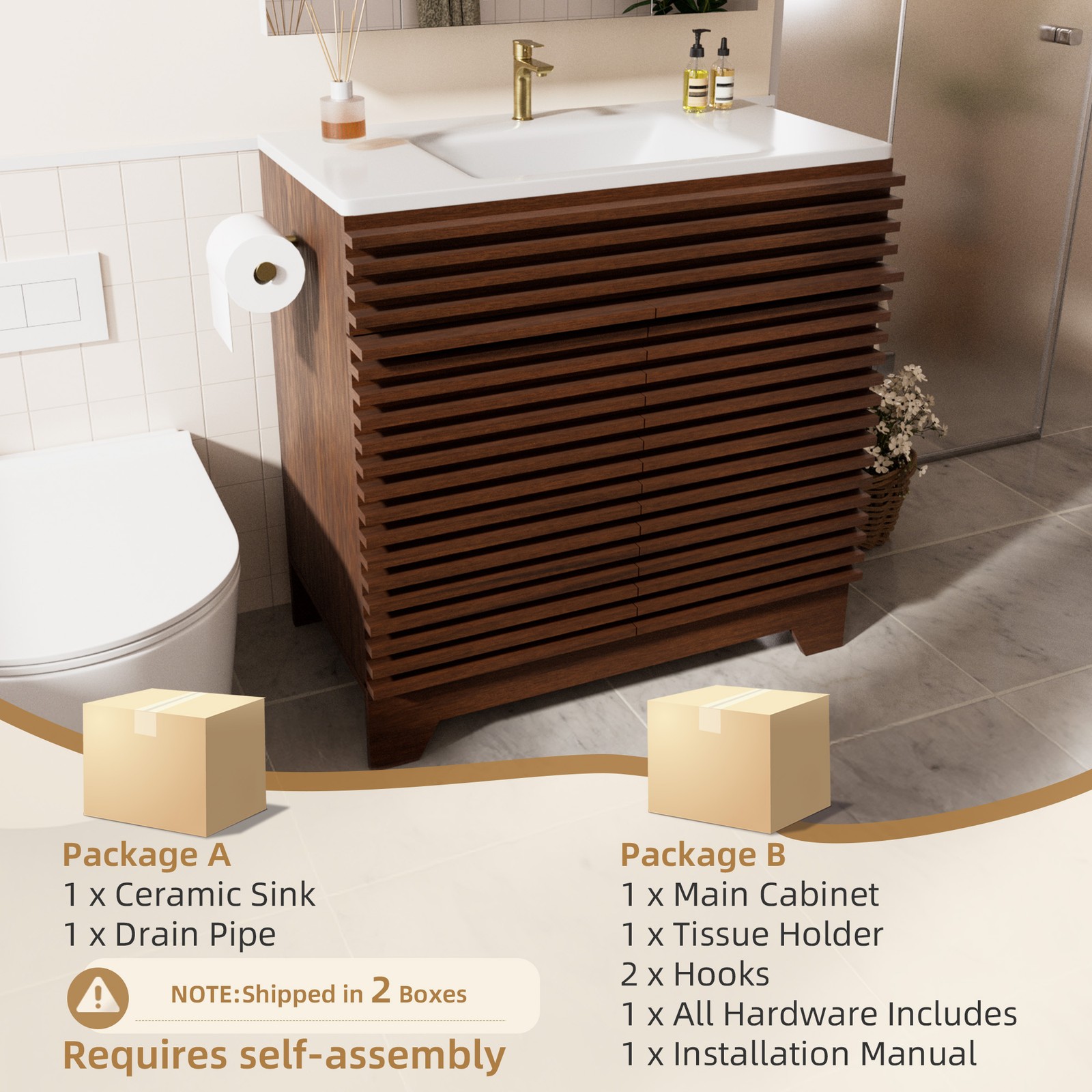 32 Inch Walnut Fluted Bathroom Vanity with Ceramic Sink, 2-Door Cabinet Modern
