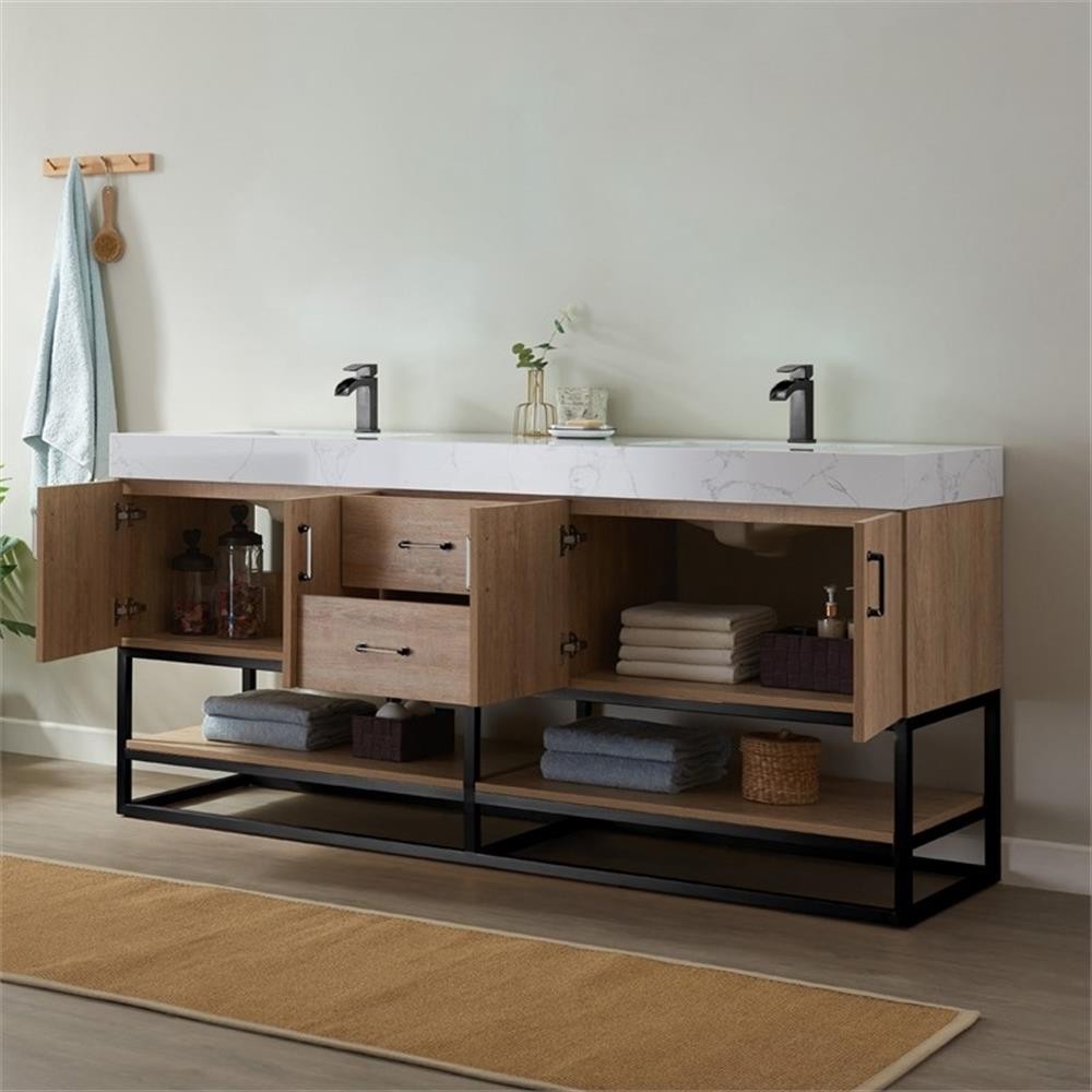 Pemberly Row 72″ White Stone Top Oak Double Vanity Black Frame w/o Mirror