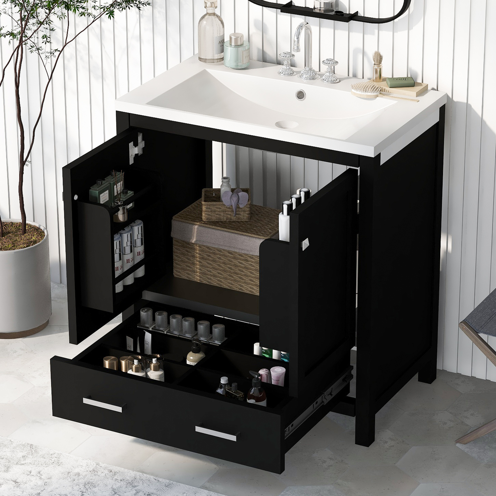 30″ Bathroom Vanity w/White Resin Basin Sink Top with 2 Doors and Big Drawer